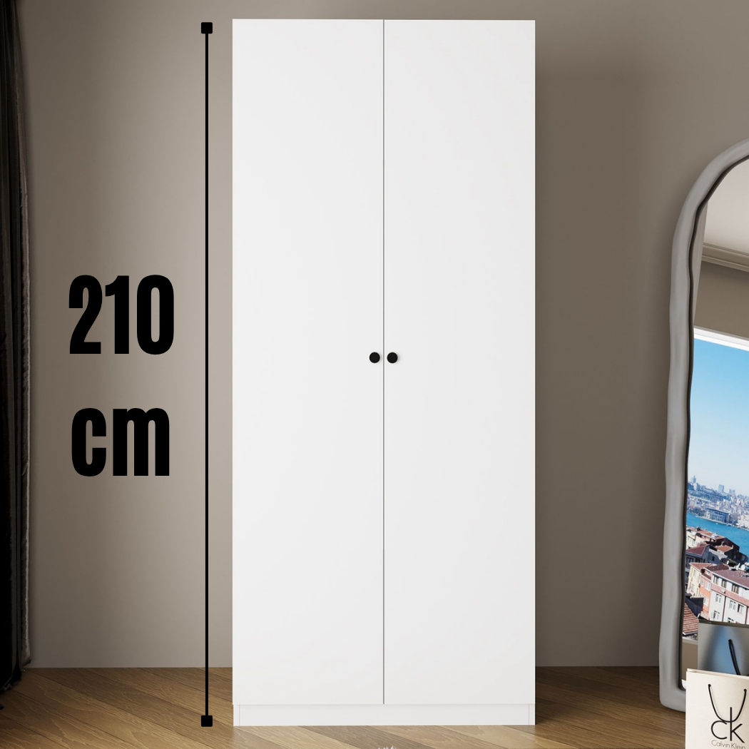 Bimossa KA60 Goss Tekli 2 Kapaklı Gardırop, 2 Çekmeceli, Askılı ve Raflı Elbise Dolabı, Modern Beyaz Yatak Odası Gardırobu