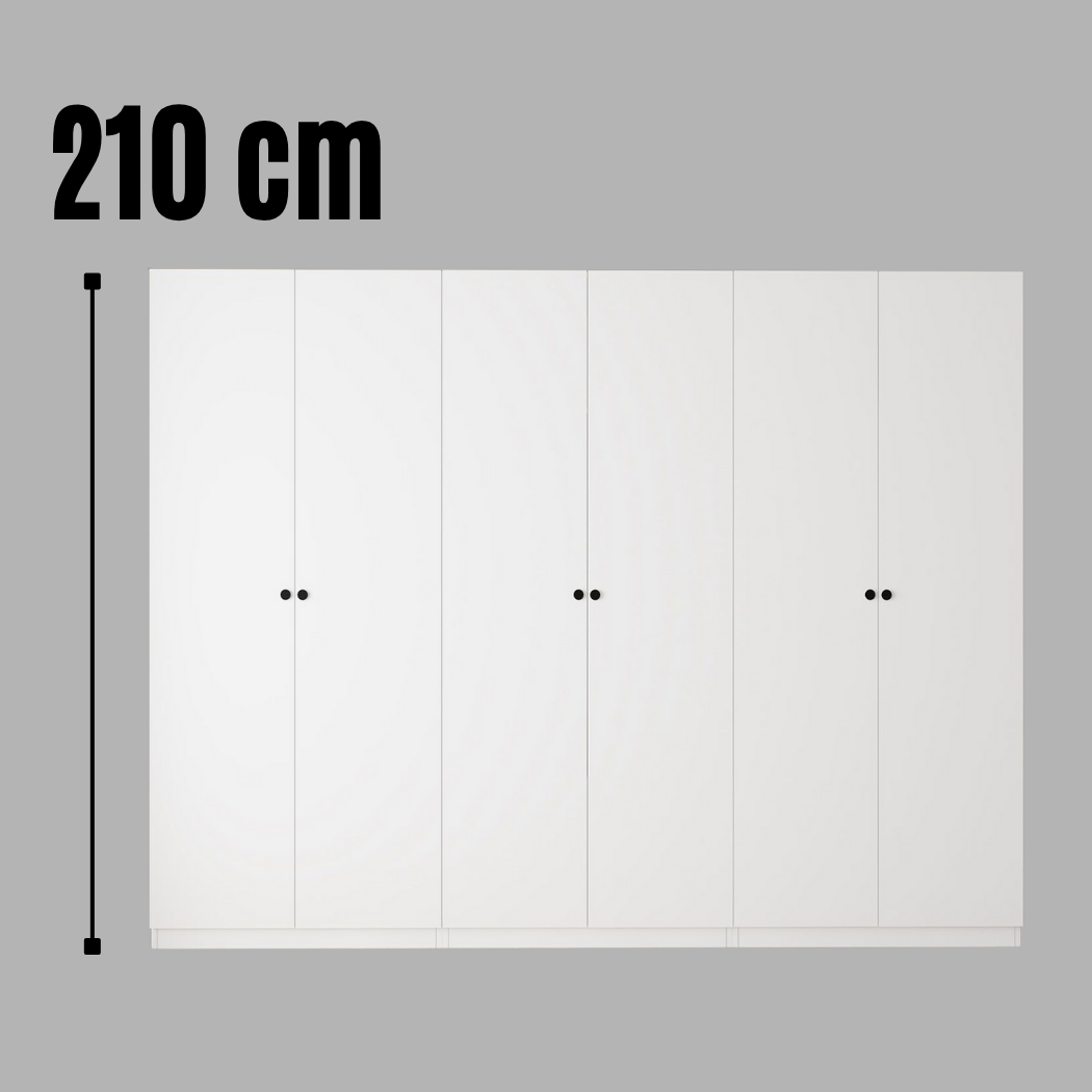 Bimossa KE40 Goss 270 cm Üçlü Geniş 2 Çekmeceli, 3 Askılı, Yüklüklü ve 4 Raflı Elbise Dolabı, Modern Beyaz 6 Kapaklı Gardırop