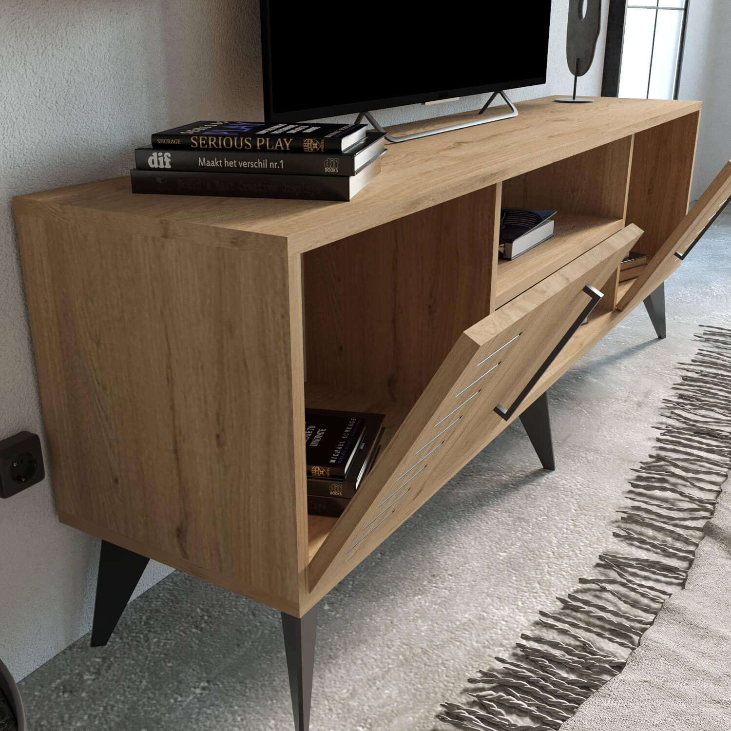 Bimossa G35 Karla 160cm TV Ünitesi Raflı Kapaklı ve Duvar Dolaplı Modern Salon Ünitesi