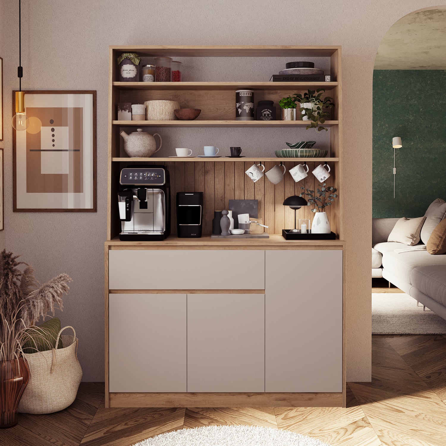 Bimossa Y31 Alba Çok Amaçlı Kahve Köşesi Dolabı, 120x180 cm, Kapaklı Raflı Mutfak Dolabı, Kahve İstasyonu, Kiler ve Organizer Dolabı, Mikrodalga & Airfryer Standı