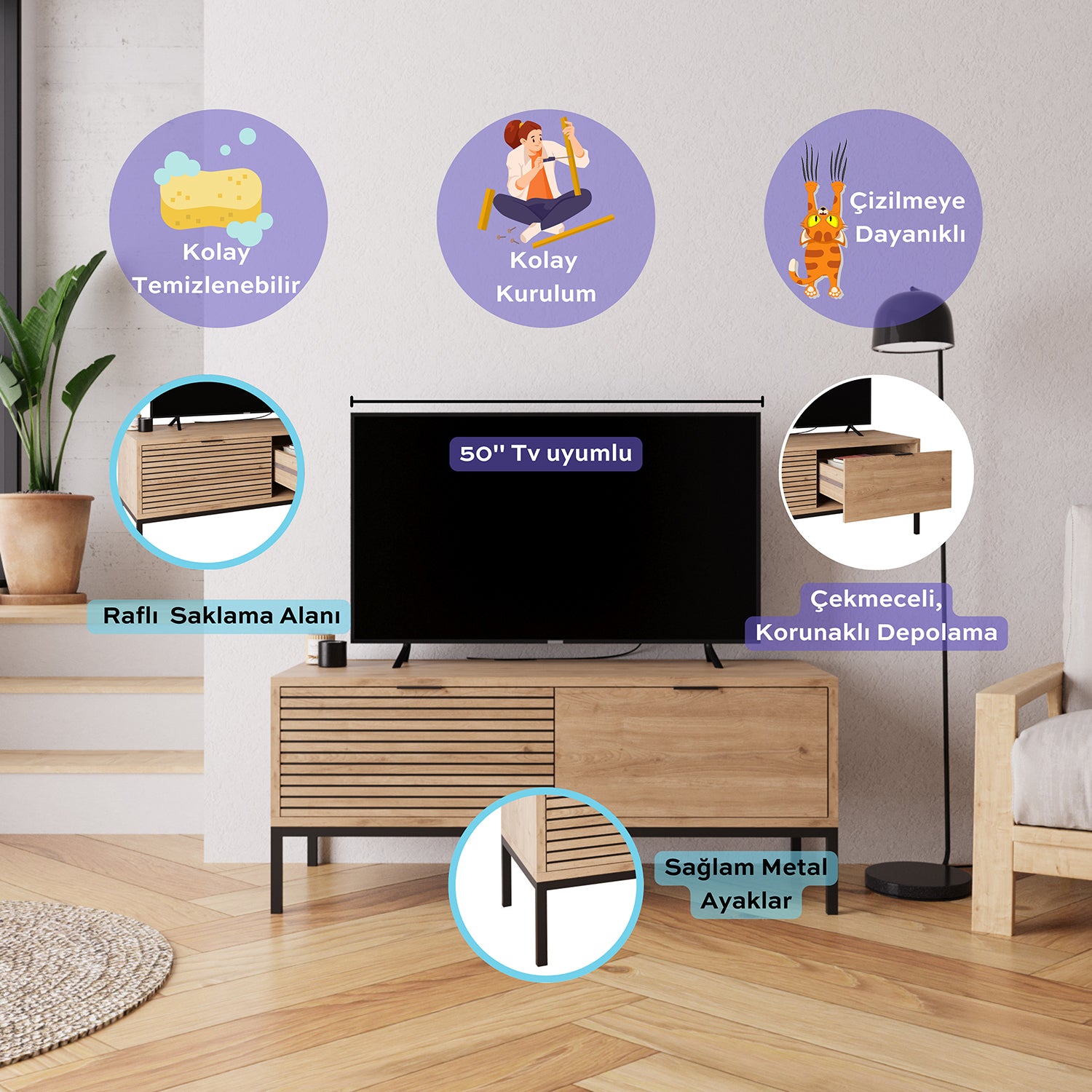 Bimossa B0060 Alya Ahşap Görünümlü TV Sehpası 120 cm 2 Çekmeceli Modern Salon TV Ünitesi