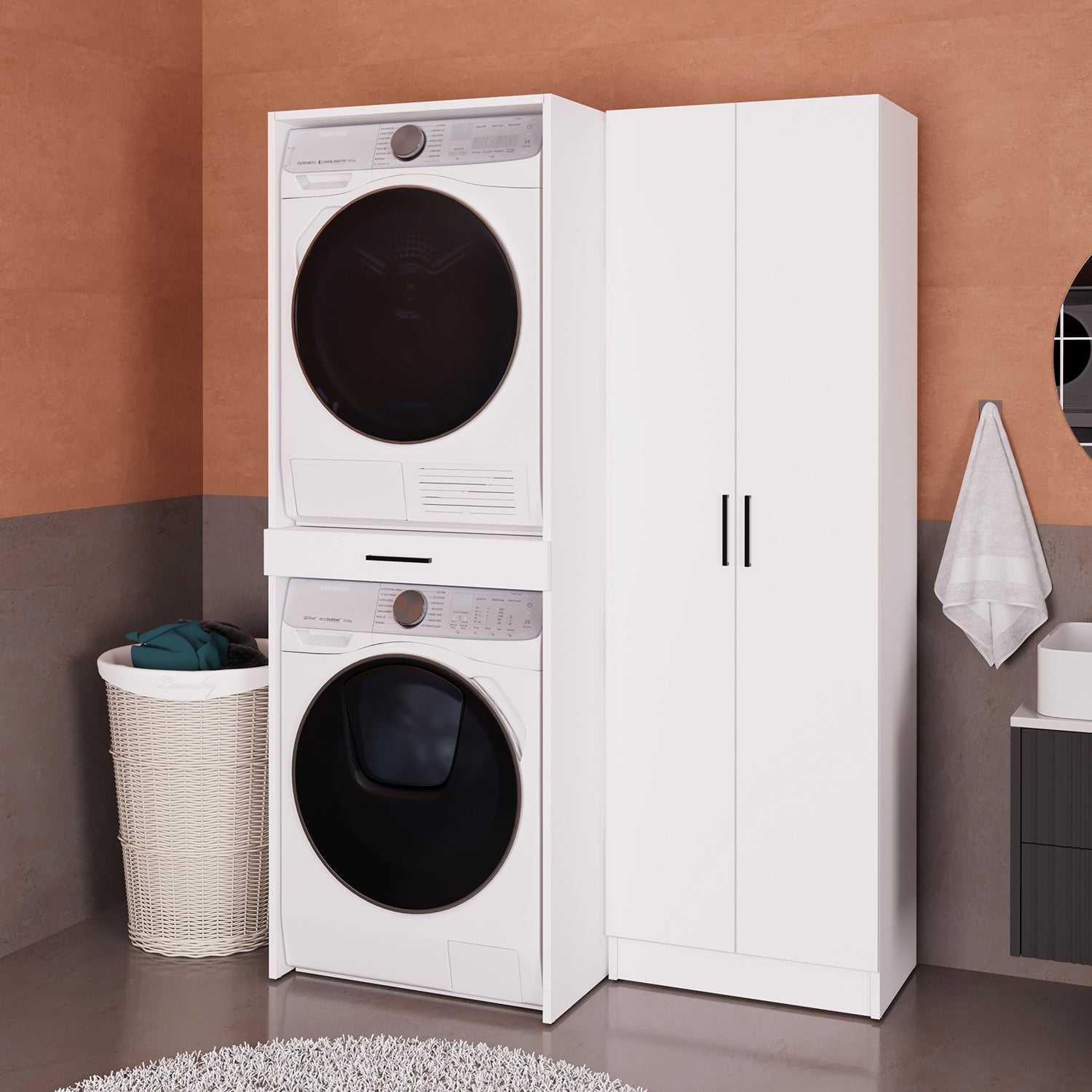 Bimossa Y04 Alvessa İkili Set, Çamaşır ve Kurutma Makinesi Dolabı Beyaz, Kapaklı Raflı Banyo Dolabı, Çamaşır Sepeti Çekmeceli Dolap