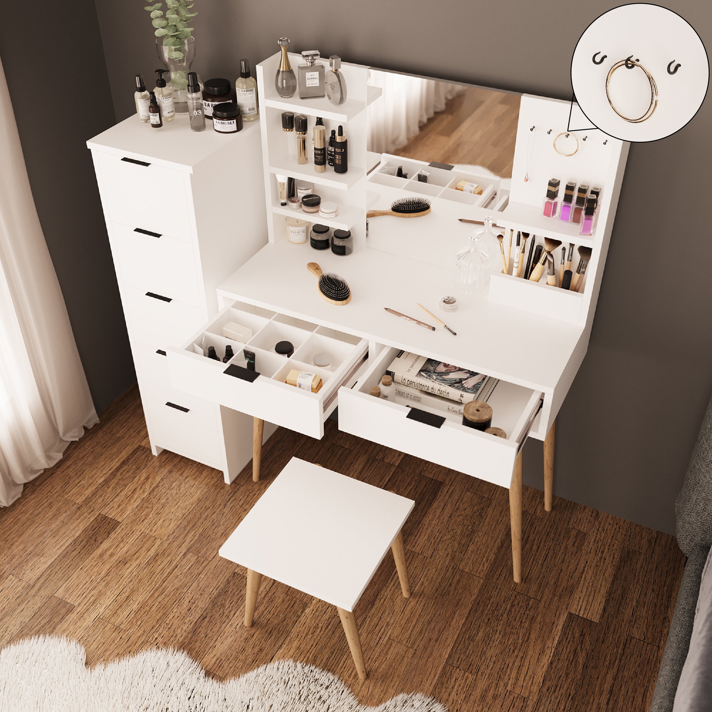 Bimossa U40 Bella Çekmeceli Dolaplı Tabureli Makyaj Masası