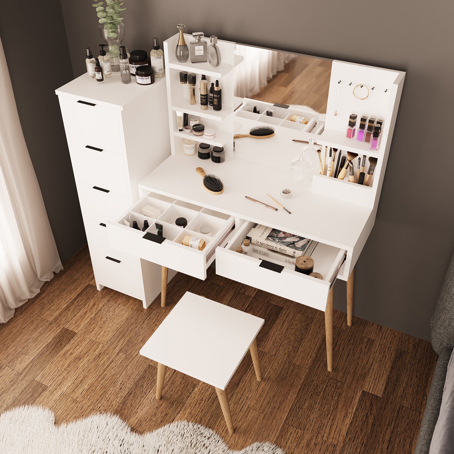 Bimossa U40 Bella Çekmeceli Dolaplı Tabureli Makyaj Masası