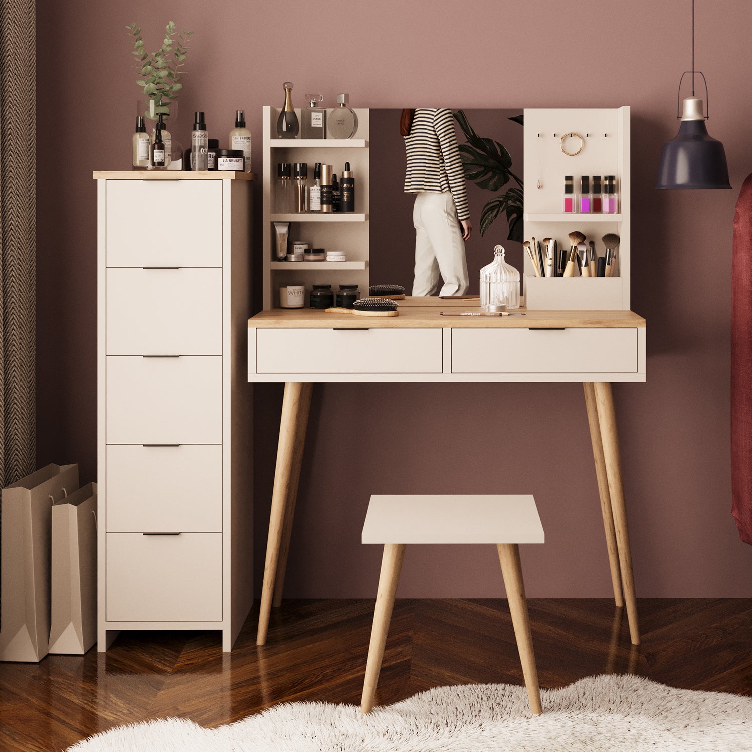 Bimossa U40 Bella Çekmeceli Dolaplı Tabureli Makyaj Masası