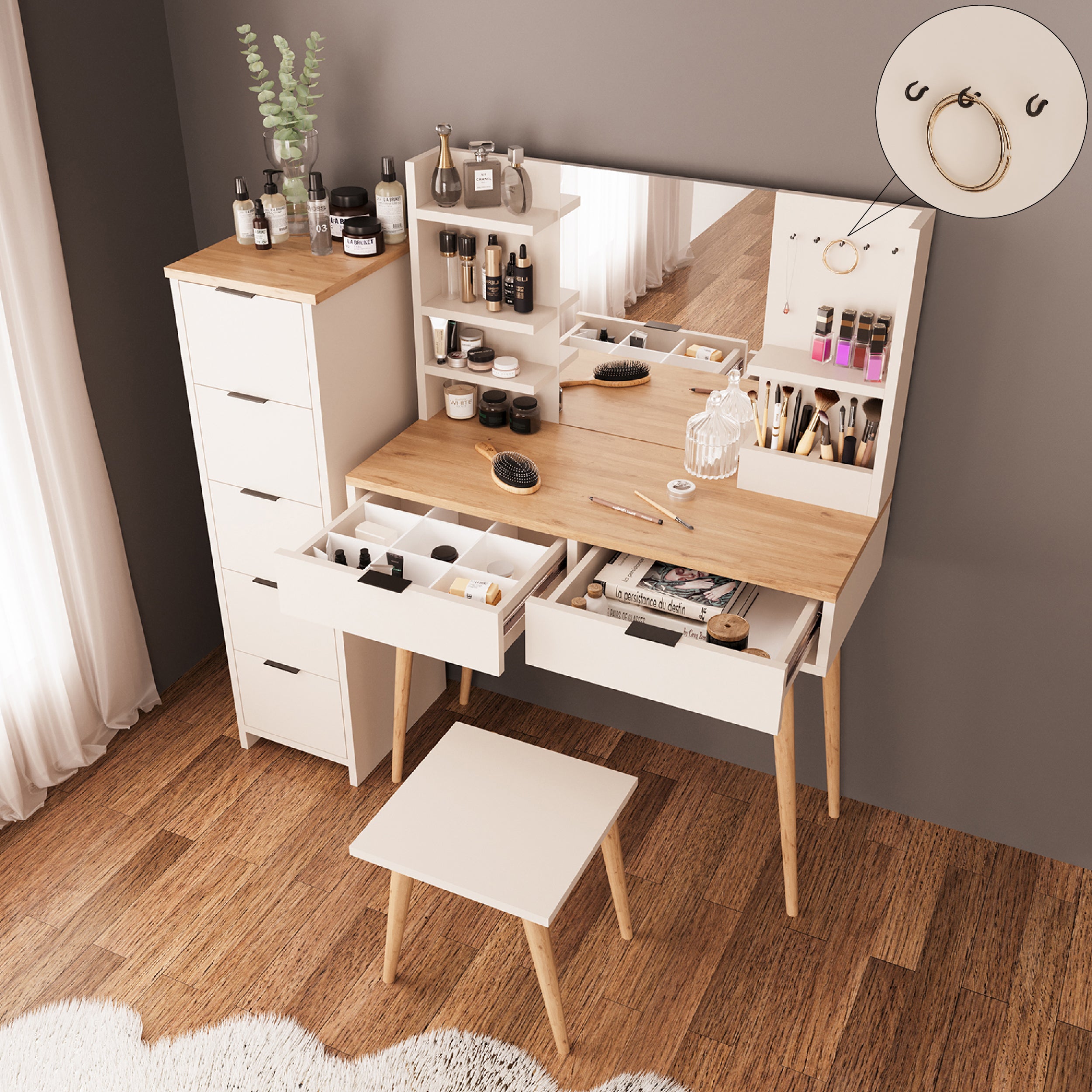 Bimossa U40 Bella Çekmeceli Dolaplı Tabureli Makyaj Masası