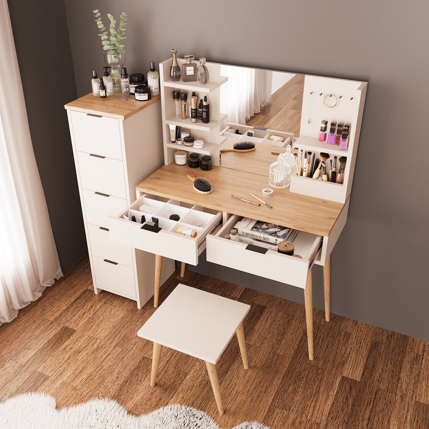Bimossa U40 Bella Çekmeceli Dolaplı Tabureli Makyaj Masası