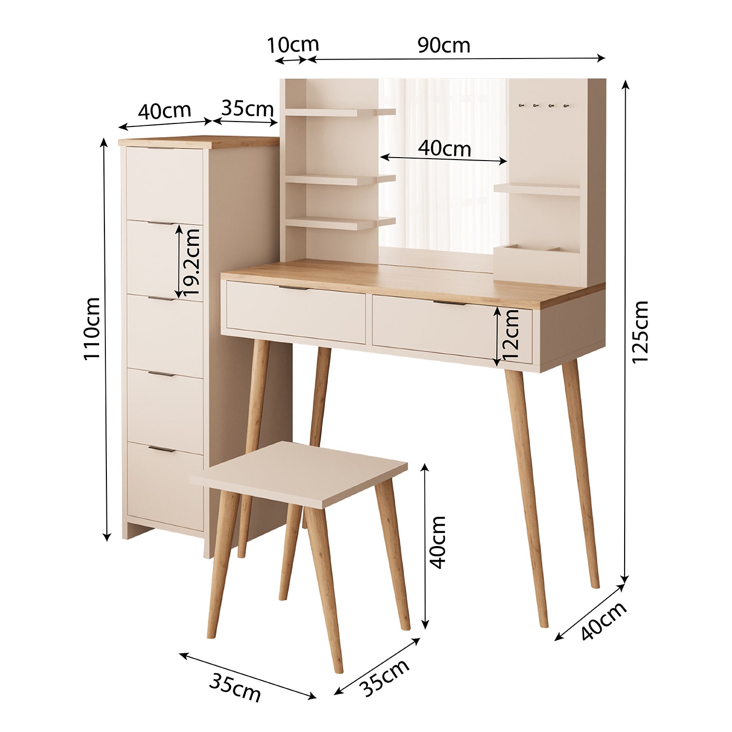 Bimossa U40 Bella Çekmeceli Dolaplı Tabureli Makyaj Masası