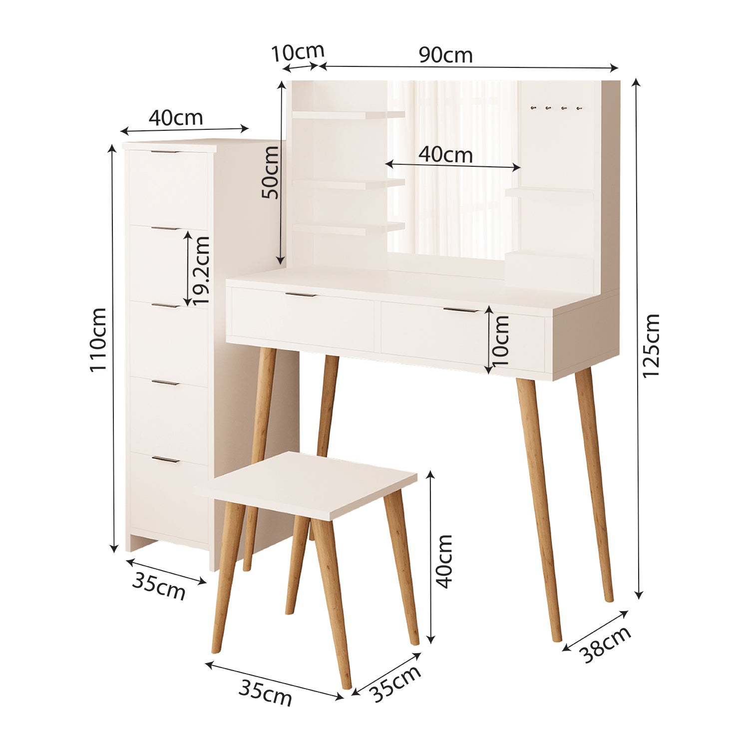 Bimossa U40 Bella Çekmeceli Dolaplı Tabureli Makyaj Masası