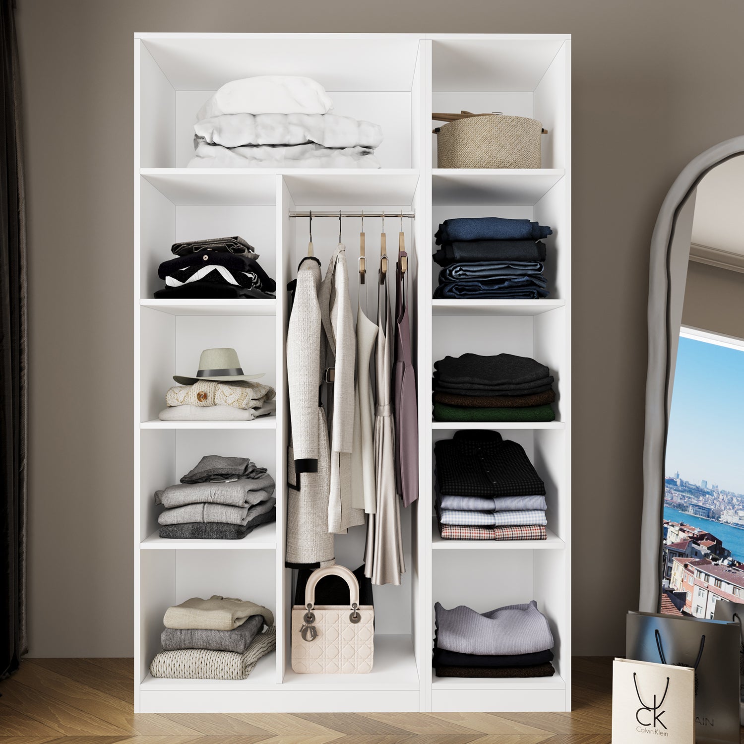 Bimossa KB30 Goss 135 cm İkili Kapaksız İki Bölmeli Dar Gardırop, Boy Askılı ve Dar Raflı Açık Giyinme Dolabı, Beyaz Modern Elbise Dolabı