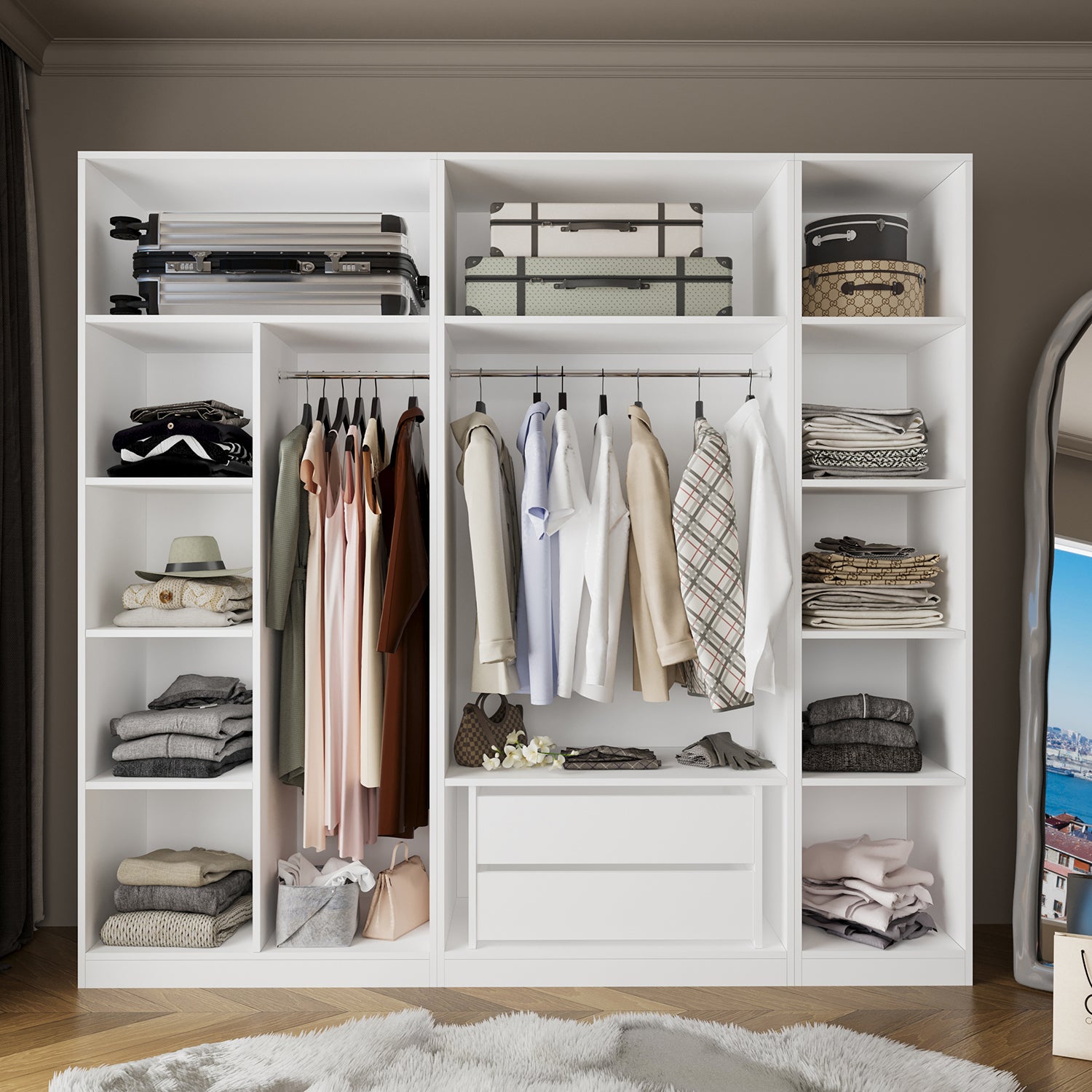 Bimossa KD30 Goss 225 cm Üçlü Dar, 3 Bölmeli Açık Gardırop, 9 Raflı, 2 Büyük Raf Alanı, Boy Askılı ve Çekmeceli Modüler Beyaz Giyim Dolabı