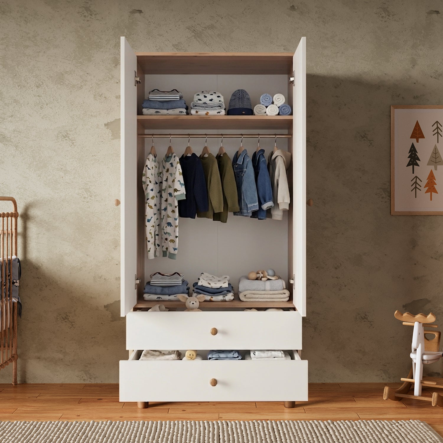 Bimossa KG20 Bunny 80 cm, 2 Kapaklı Gardırop, 2 Çekmeceli Yüksek Ayaklı Çocuk Odası Gardırobu