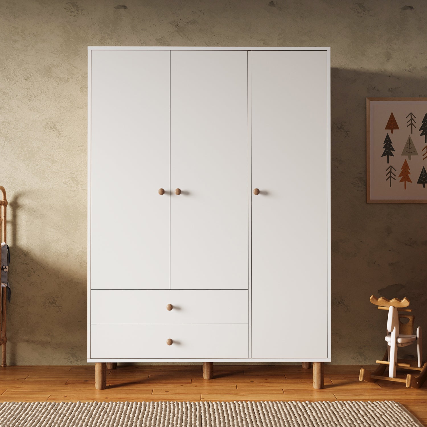 Bimossa KG30 Bunny 120 cm, 3 Kapaklı Gardırop, 2 Çekmeceli Yüksek Ayaklı Çocuk Odası Gardırobu