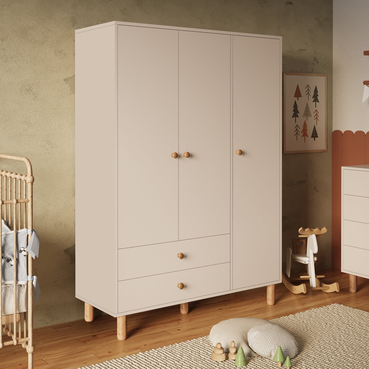 Bimossa KG30 Bunny 120 cm, 3 Kapaklı Gardırop, 2 Çekmeceli Yüksek Ayaklı Çocuk Odası Gardırobu