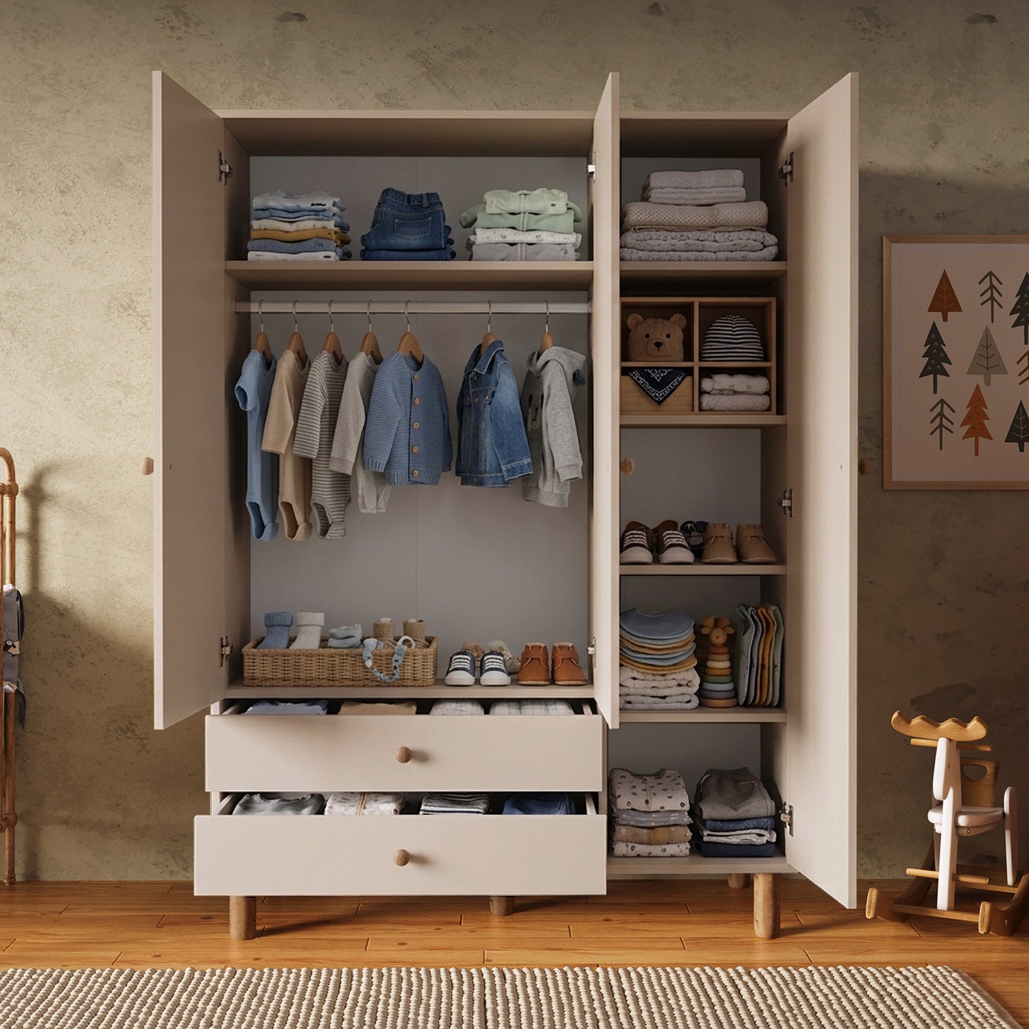 Bimossa KG30 Bunny 120 cm, 3 Kapaklı Gardırop, 2 Çekmeceli Yüksek Ayaklı Çocuk Odası Gardırobu