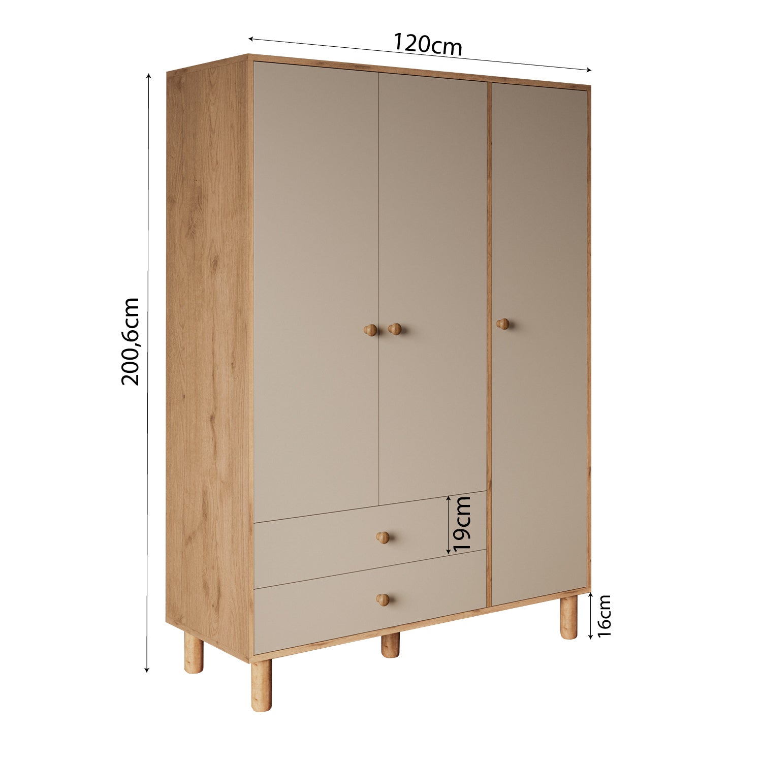 Bimossa KG30 Bunny 120 cm, 3 Kapaklı Gardırop, 2 Çekmeceli Yüksek Ayaklı Çocuk Odası Gardırobu