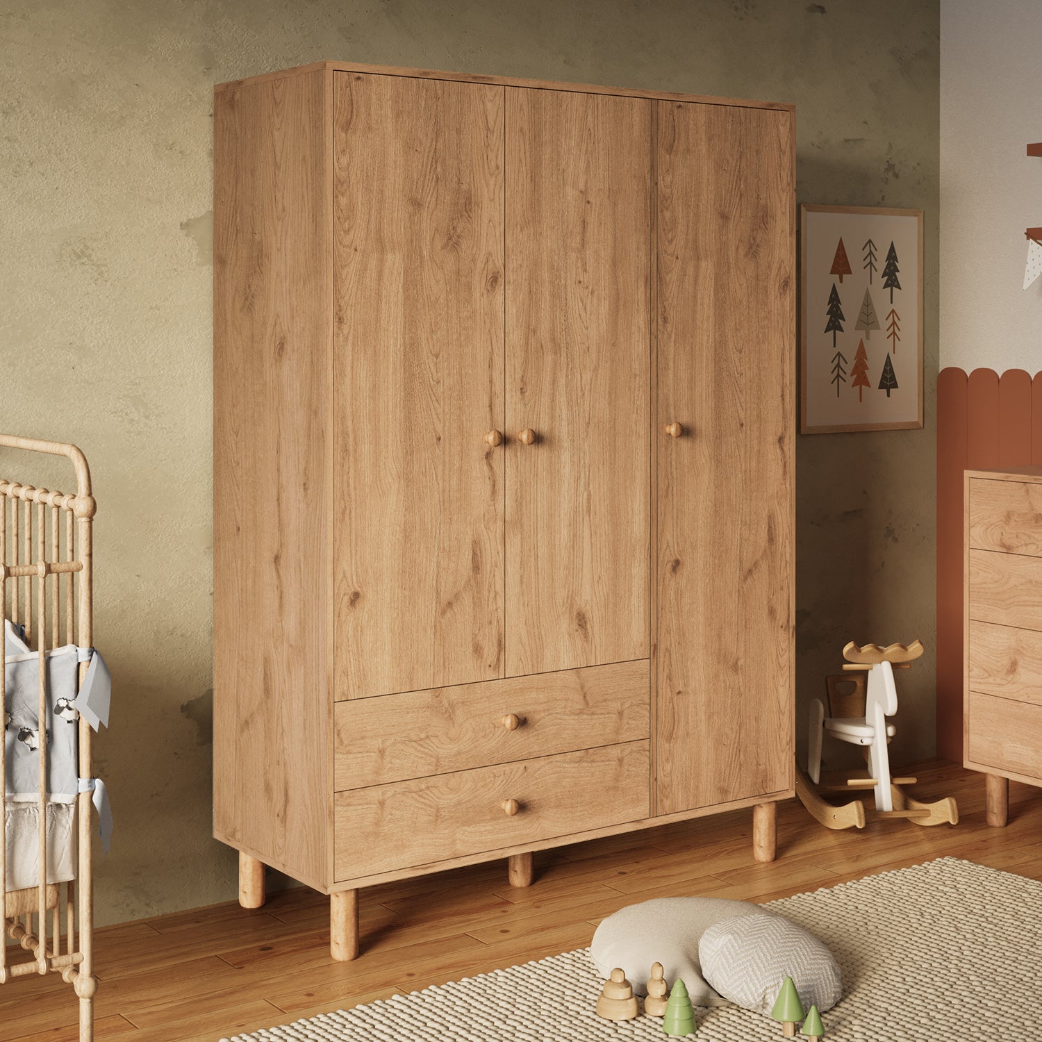 Bimossa KG30 Bunny 120 cm, 3 Kapaklı Gardırop, 2 Çekmeceli Yüksek Ayaklı Çocuk Odası Gardırobu