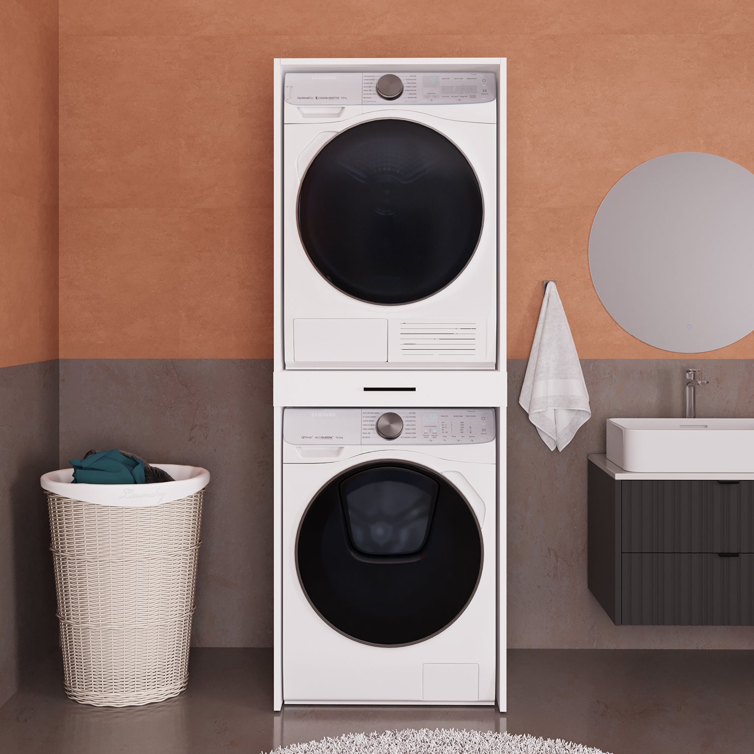 Bimossa Y01 Linora Çamaşır ve Kurutma Makinesi Dolabı Beyaz, Çamaşır Sepeti Çekmeceli Banyo Dolabı