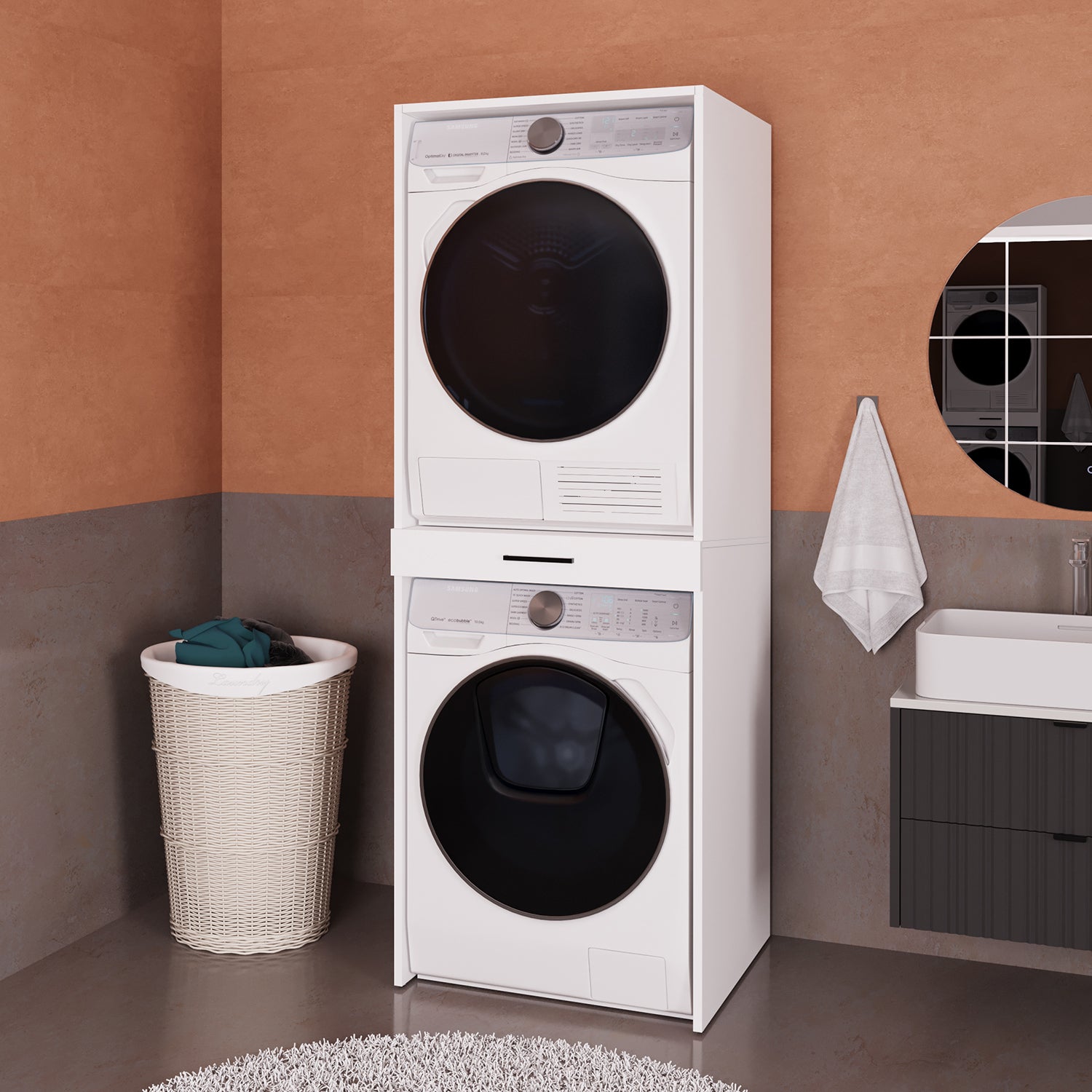 Bimossa Y01 Linora Çamaşır ve Kurutma Makinesi Dolabı Beyaz, Çamaşır Sepeti Çekmeceli Banyo Dolabı