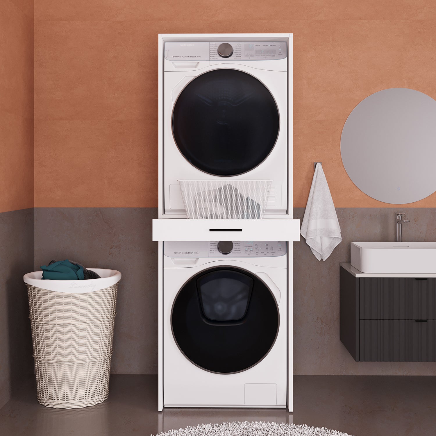 Bimossa Y01 Linora Çamaşır ve Kurutma Makinesi Dolabı Beyaz, Çamaşır Sepeti Çekmeceli Banyo Dolabı