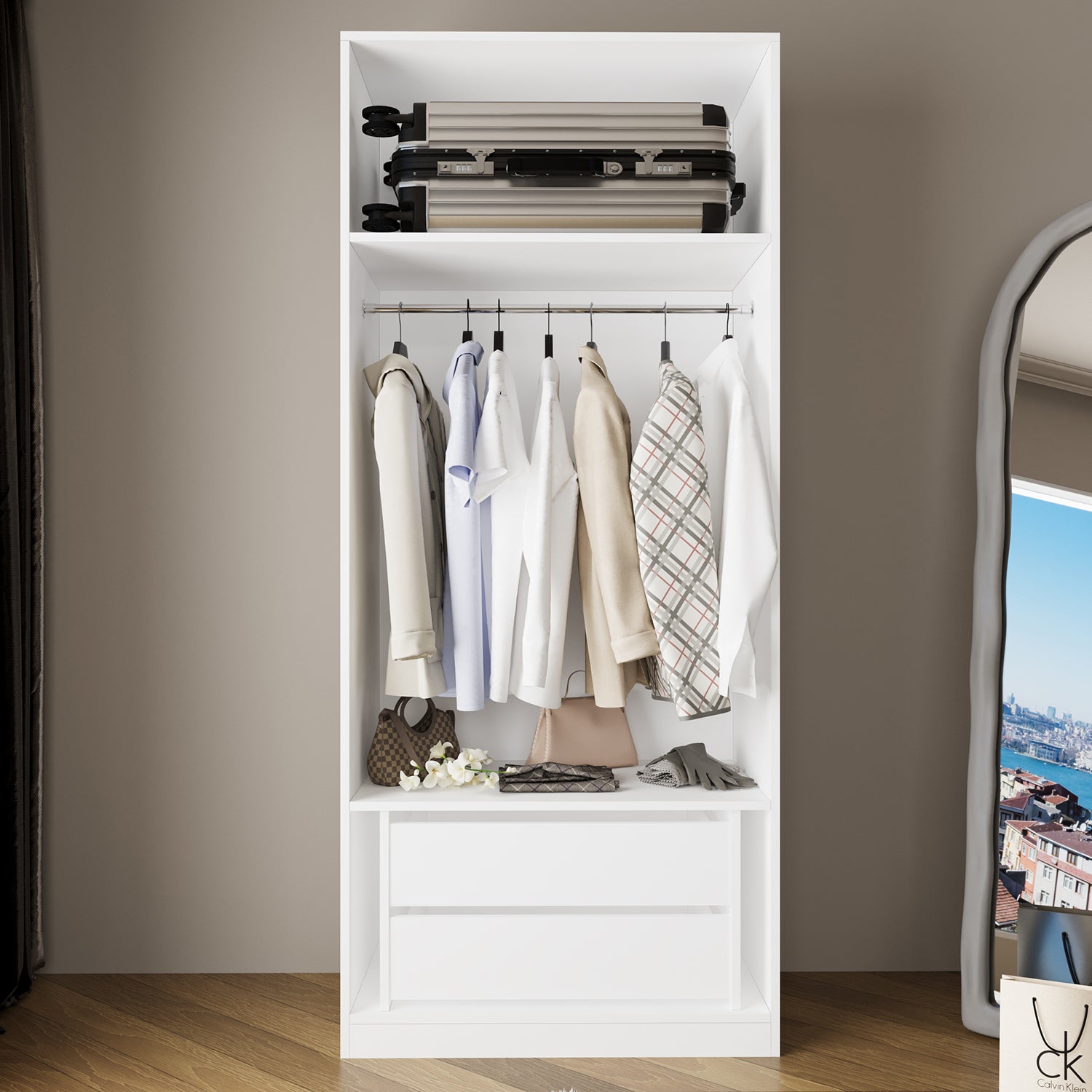 Bimossa KA50 Goss Tekli Kapaksız Gardırop, Askılı ve Çekmeceli Tekli Elbise Dolabı, Modern Tasarım Açık Beyaz Giyinme Dolabı