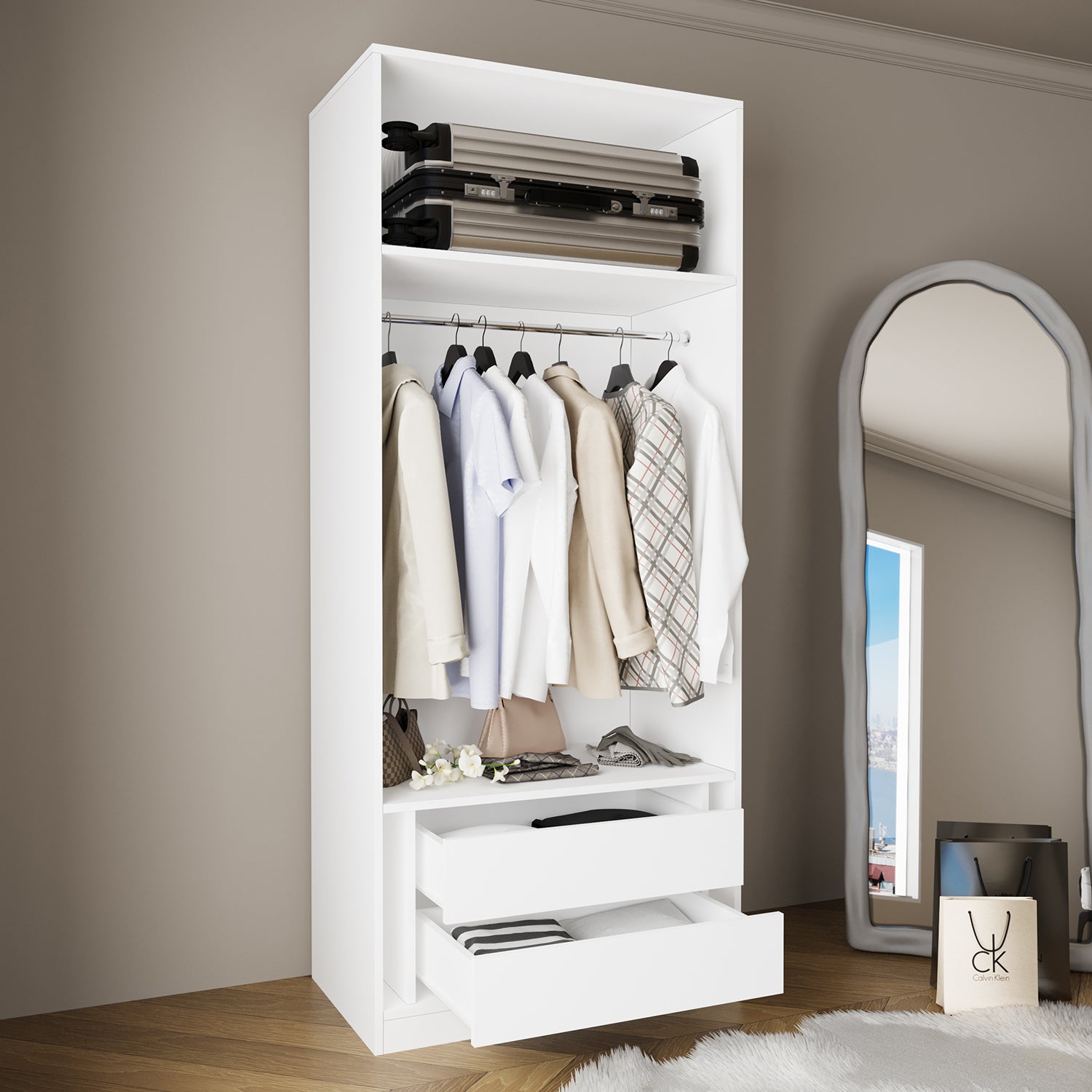 Bimossa KA50 Goss Tekli Kapaksız Gardırop, Askılı ve Çekmeceli Tekli Elbise Dolabı, Modern Tasarım Açık Beyaz Giyinme Dolabı