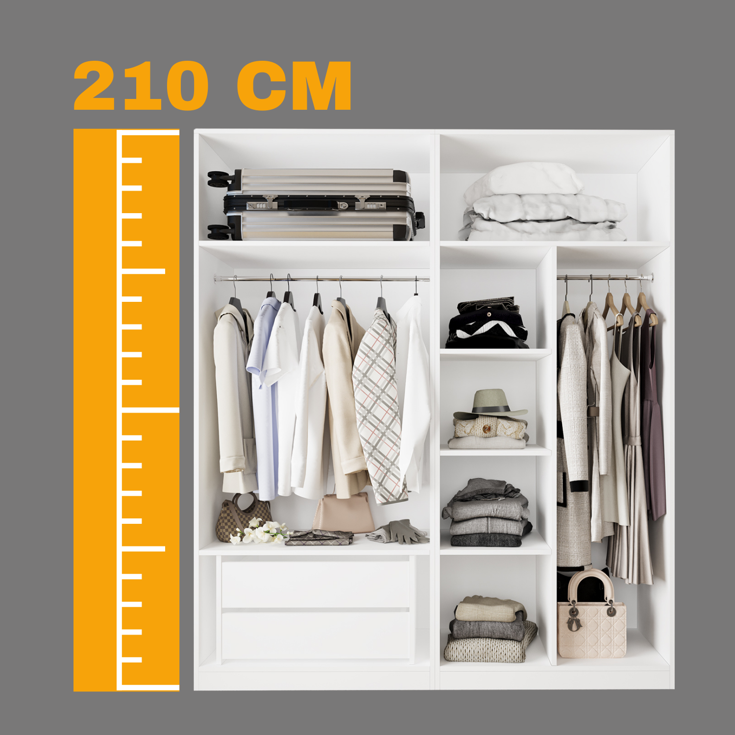 Bimossa KC50 Goss 180 cm İkili Geniş Açık Gardırop, 2 Askılı, 3 Raflı ve 2 Çekmeceli Kapaksız Beyaz Elbise Dolabı