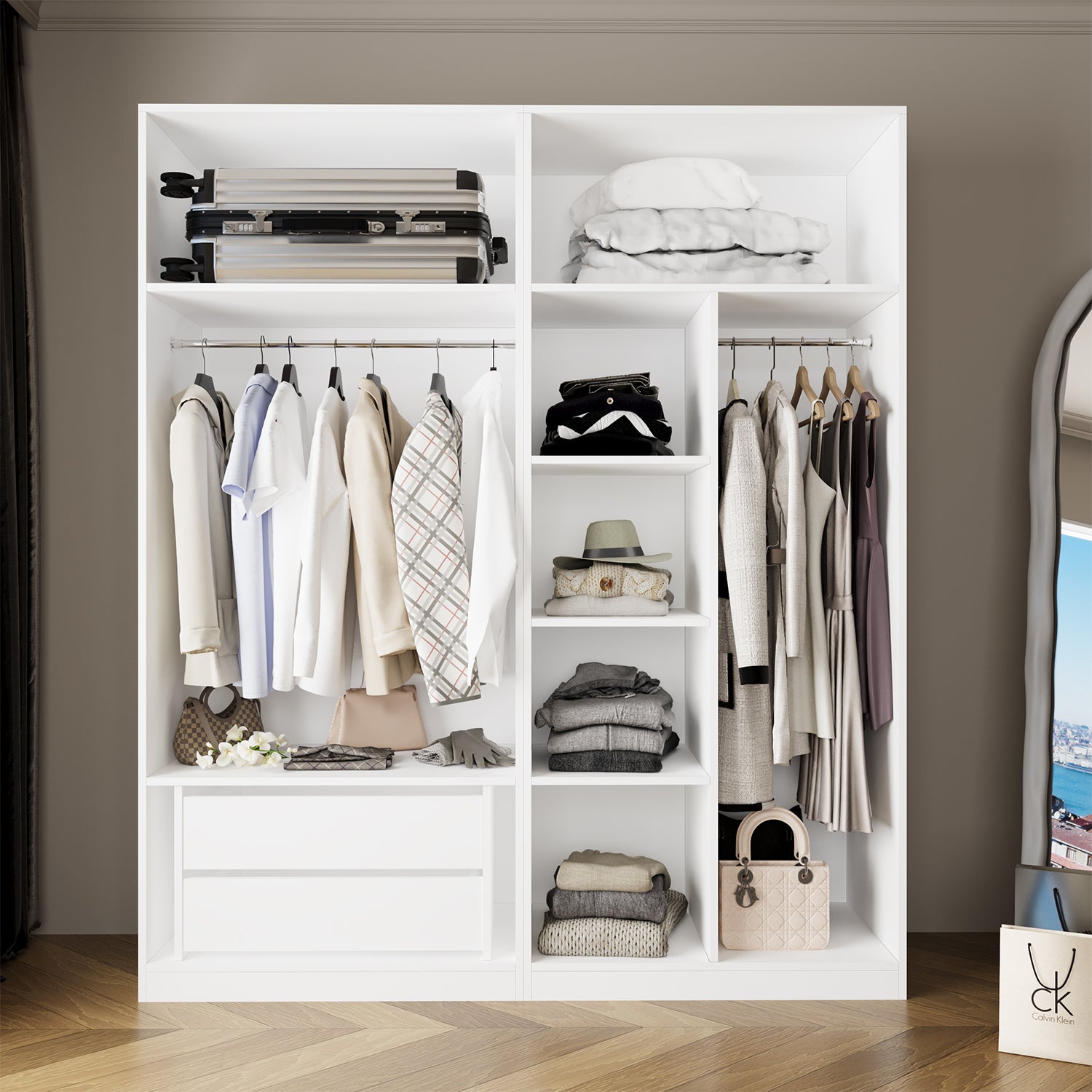 Bimossa KC50 Goss 180 cm İkili Geniş Açık Gardırop, 2 Askılı, 3 Raflı ve 2 Çekmeceli Kapaksız Beyaz Elbise Dolabı