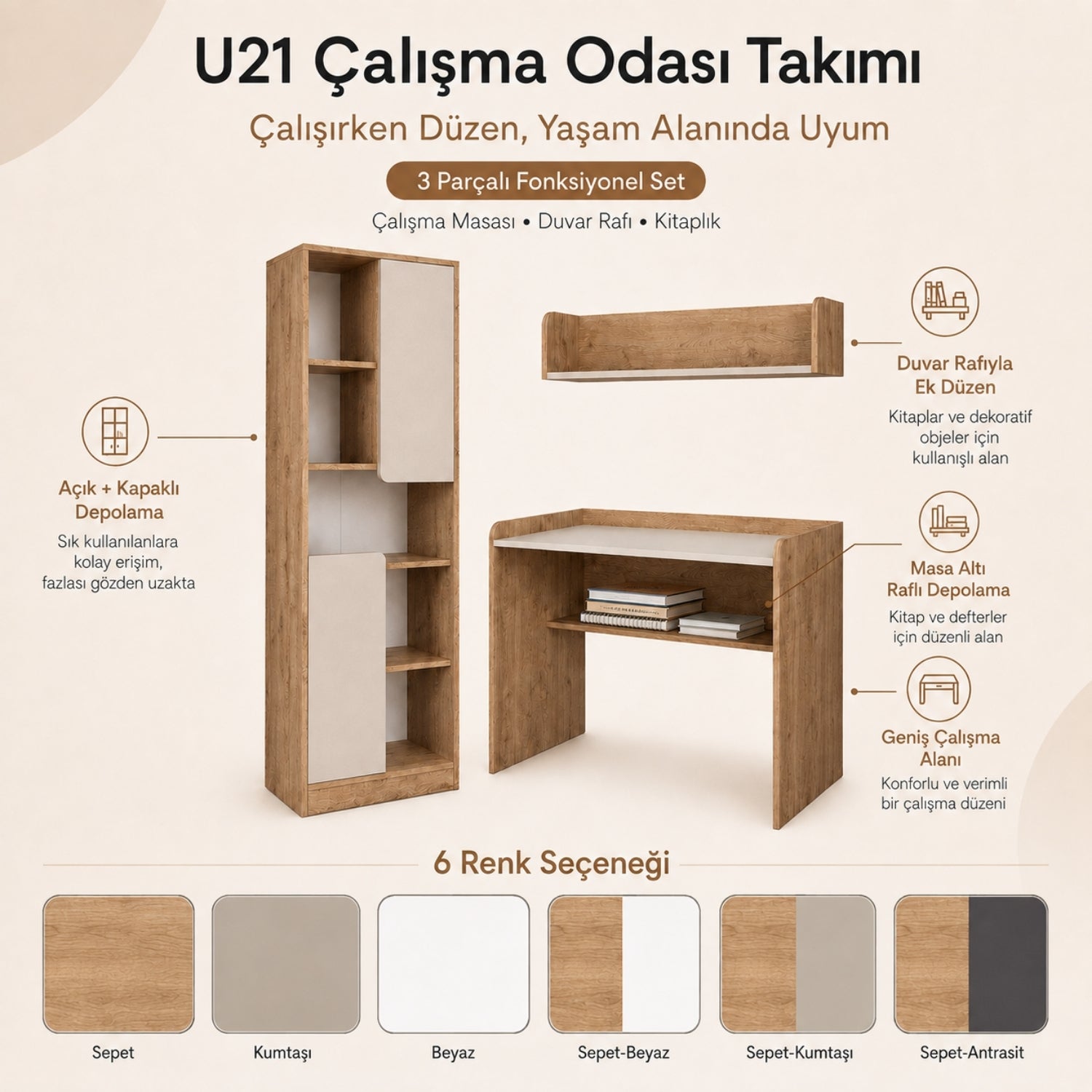 Bimossa U21 Daffy Çalışma Takımı - Çalışma Masası, 183 cm Kitaplık ve Duvar Raflı 3 Parça Set