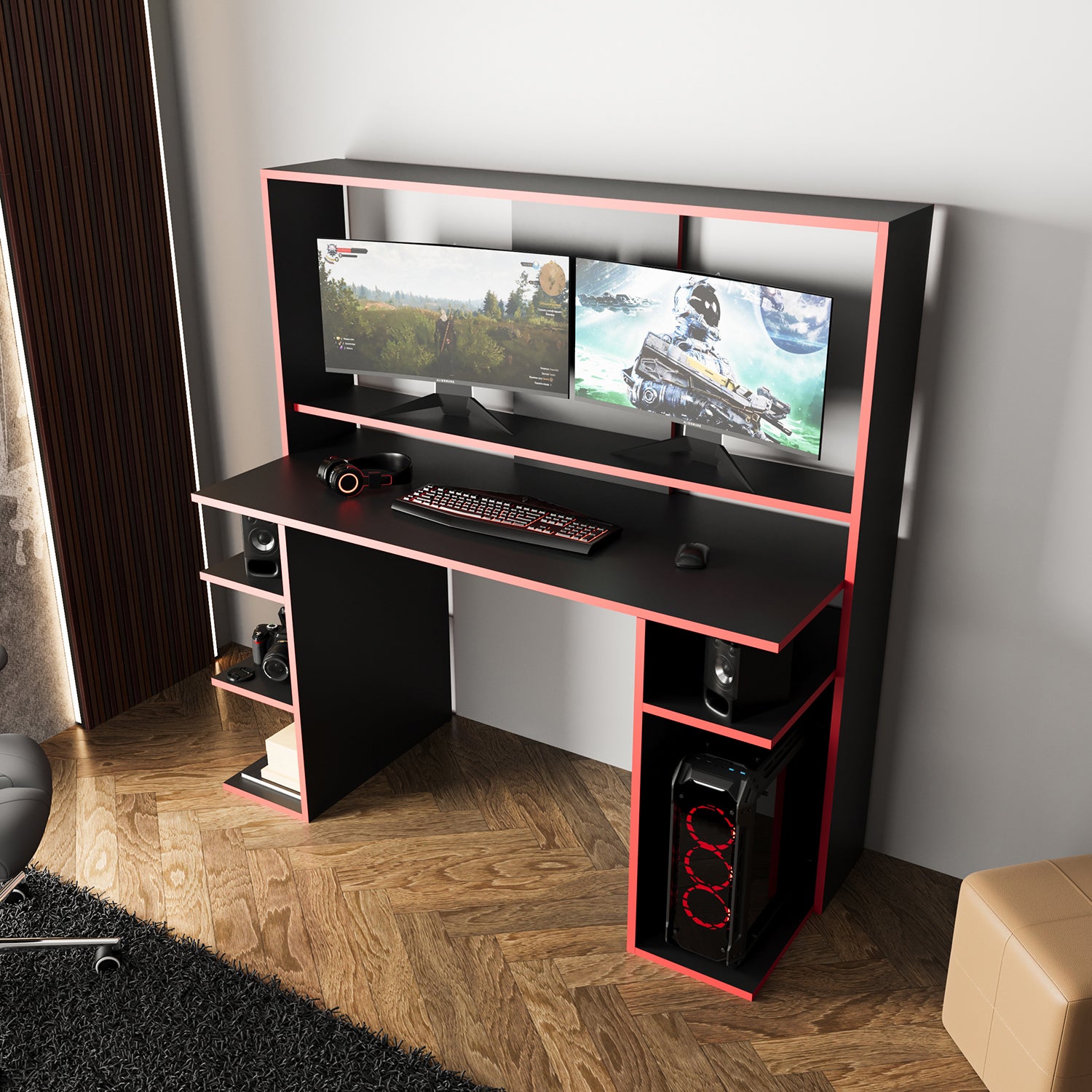Bimossa S8480 Dante Oyuncu Masası Siyah Kırmızı 140 cm, Geniş Gaming Bilgisayar Masası