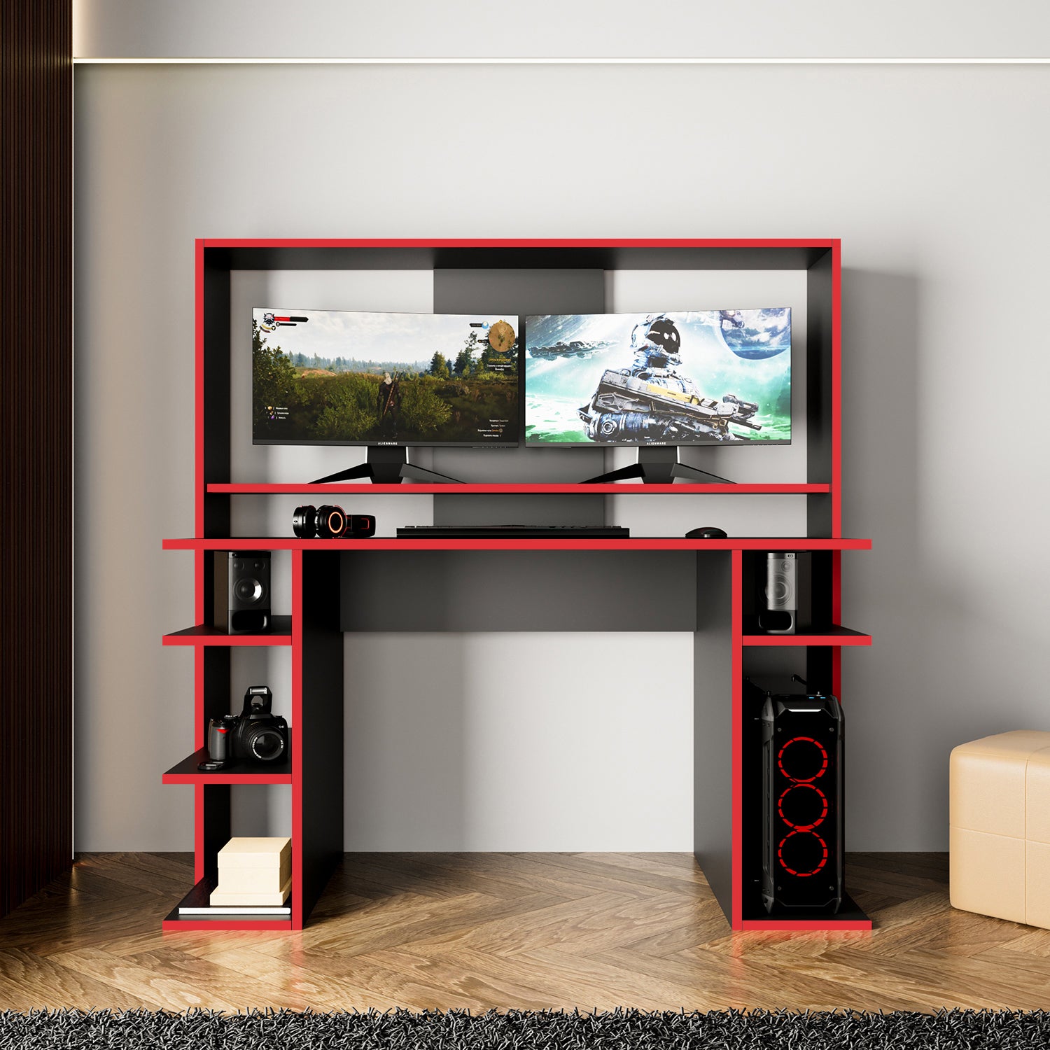 Bimossa S8480 Dante Oyuncu Masası Siyah Kırmızı 140 cm, Geniş Gaming Bilgisayar Masası
