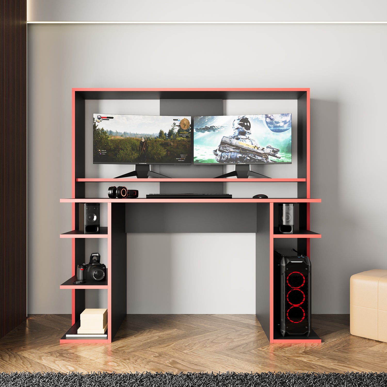 Bimossa S8480 Dante Oyuncu Masası Siyah Kırmızı 140 cm, Geniş Gaming Bilgisayar Masası