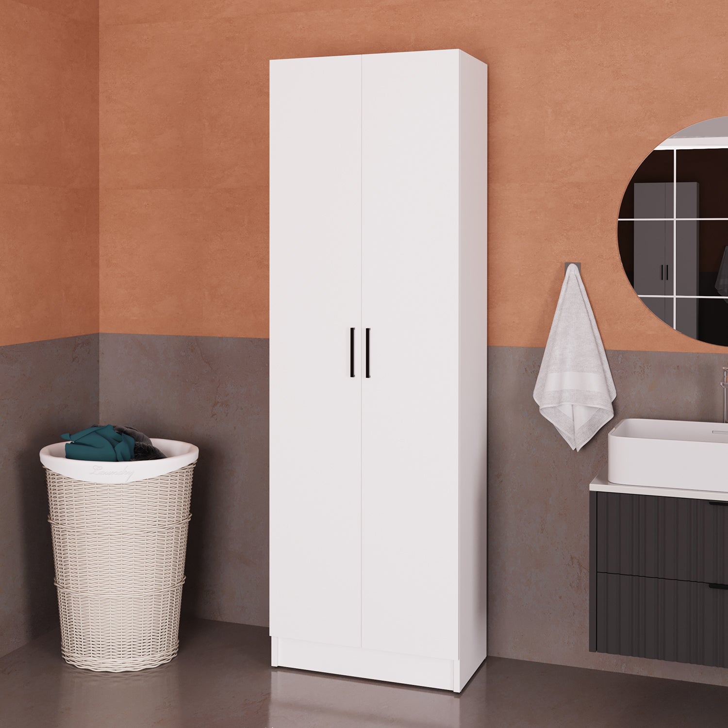 Bimossa Y02 Pureva Çok Amaçlı Banyo Dolabı Beyaz, Kapaklı Raflı Düzenleyici Depolama ve Temizlik Dolabı