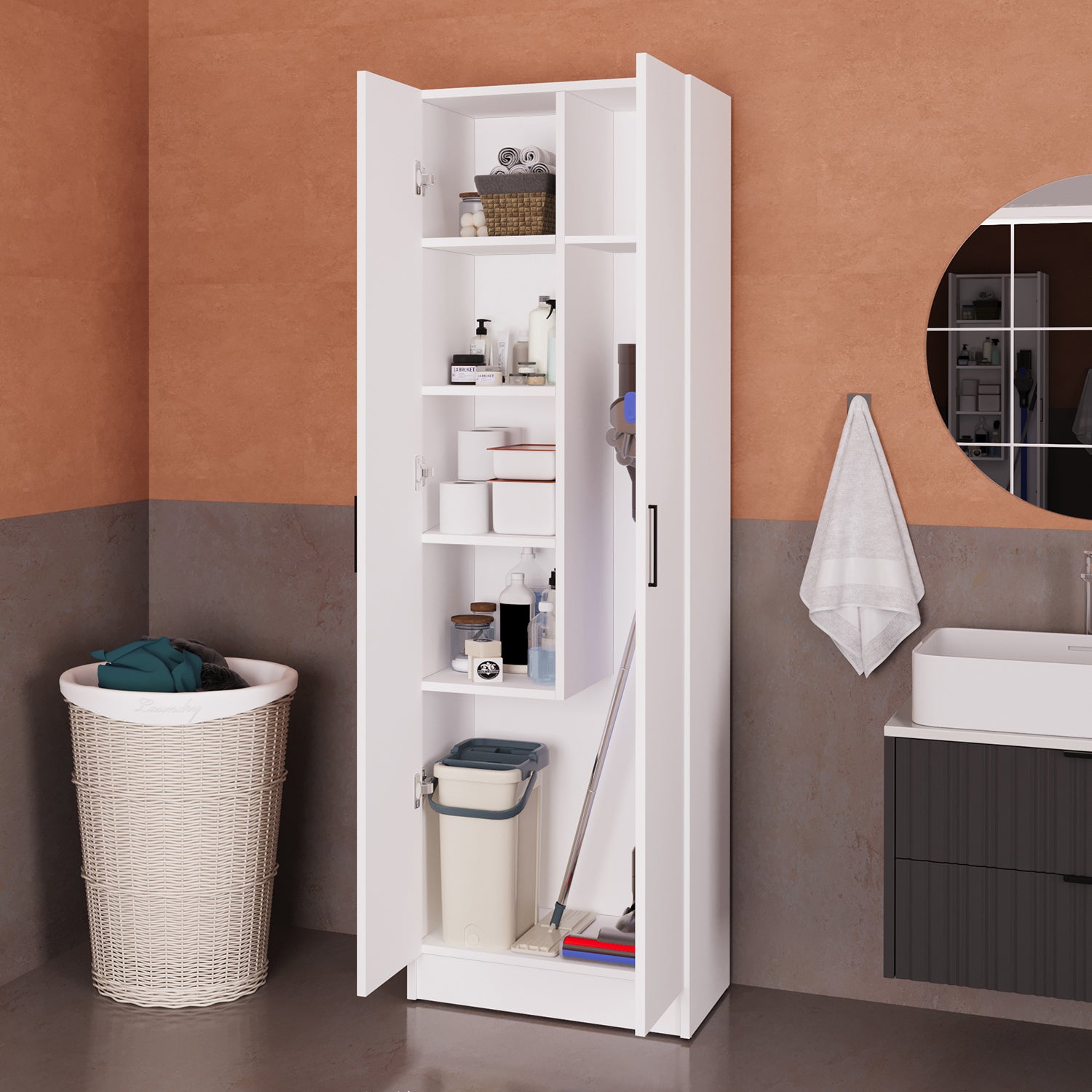Bimossa Y02 Pureva Çok Amaçlı Banyo Dolabı Beyaz, Kapaklı Raflı Düzenleyici Depolama ve Temizlik Dolabı