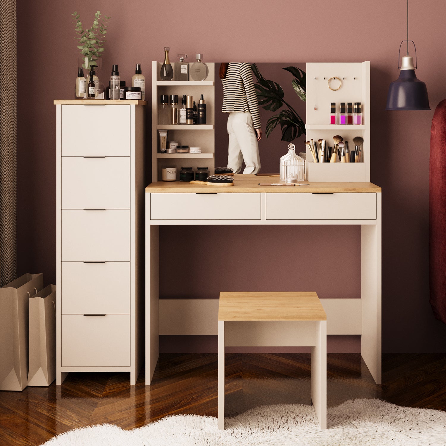 Bimossa U50 Diena Çekmeceli Dolaplı Tabureli Makyaj Masası