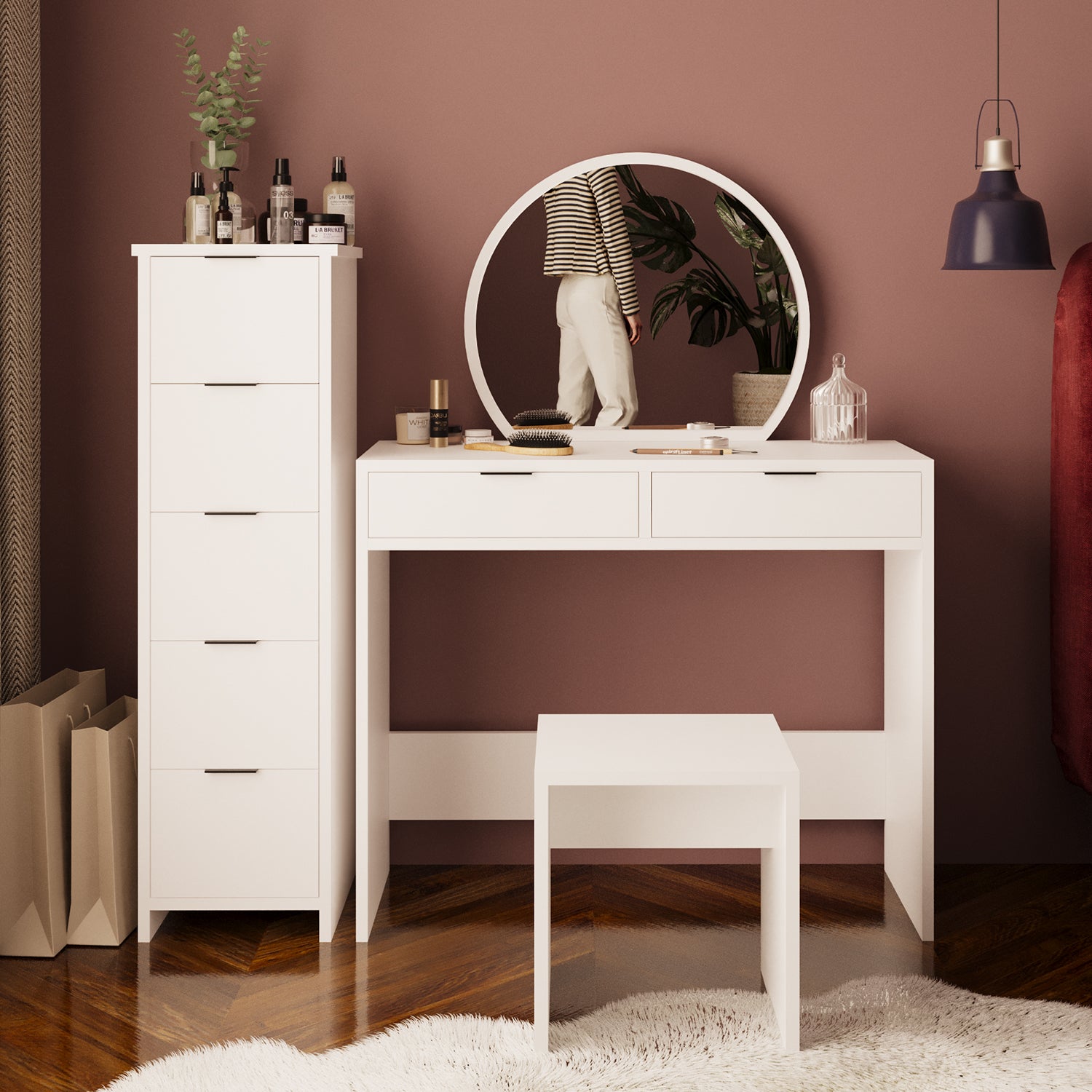 Bimossa U20 Flora Çekmeceli Dolaplı Tabureli Makyaj Masası