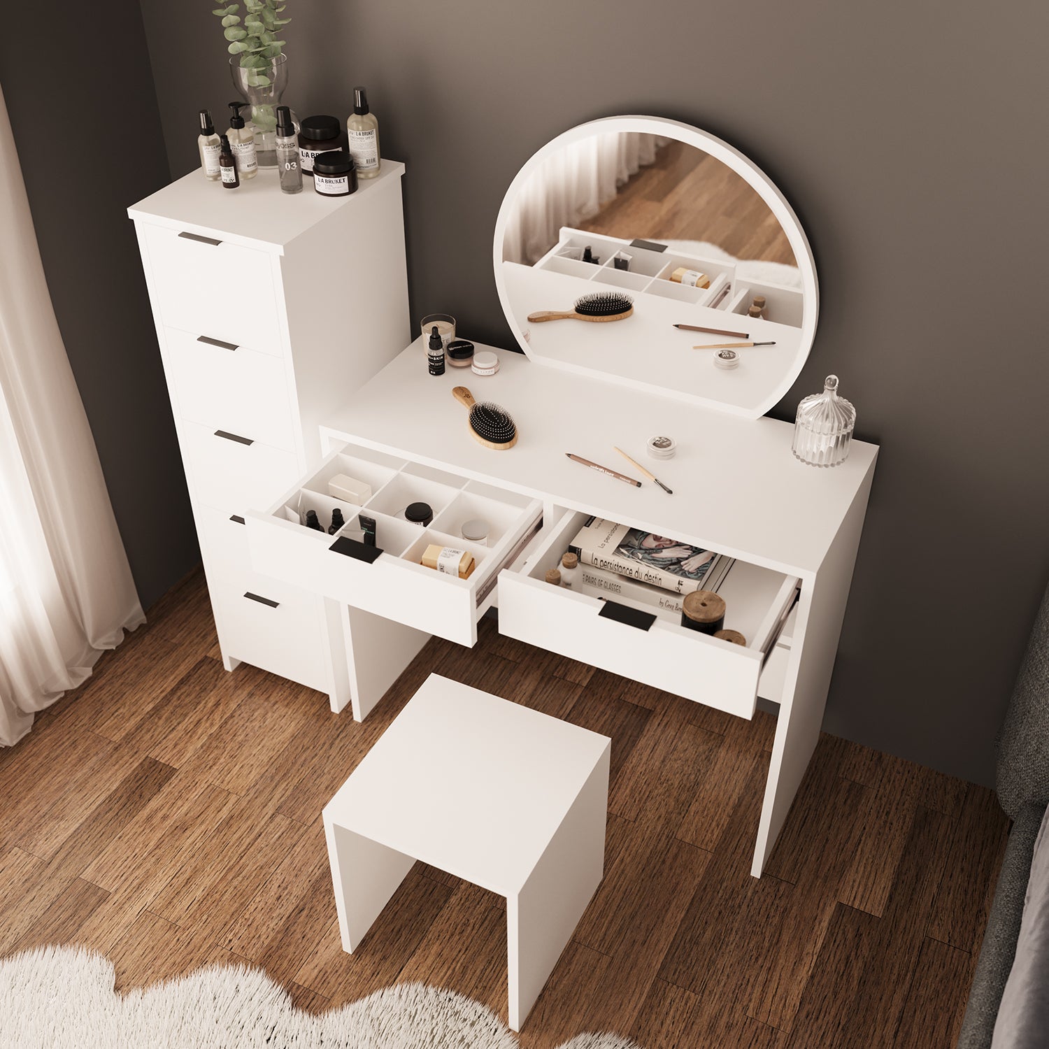 Bimossa U20 Flora Çekmeceli Dolaplı Tabureli Makyaj Masası