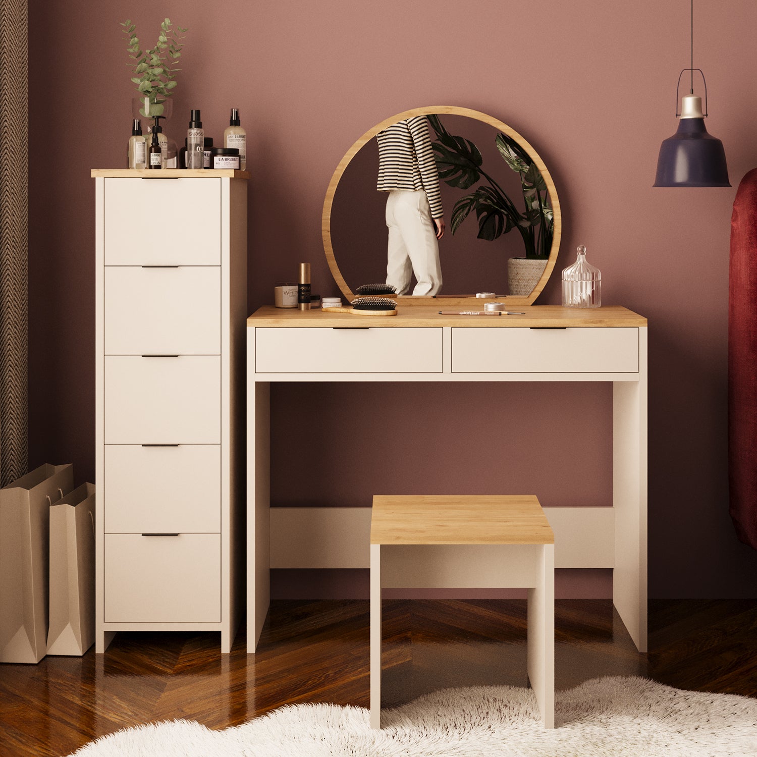 Bimossa U20 Flora Çekmeceli Dolaplı Tabureli Makyaj Masası