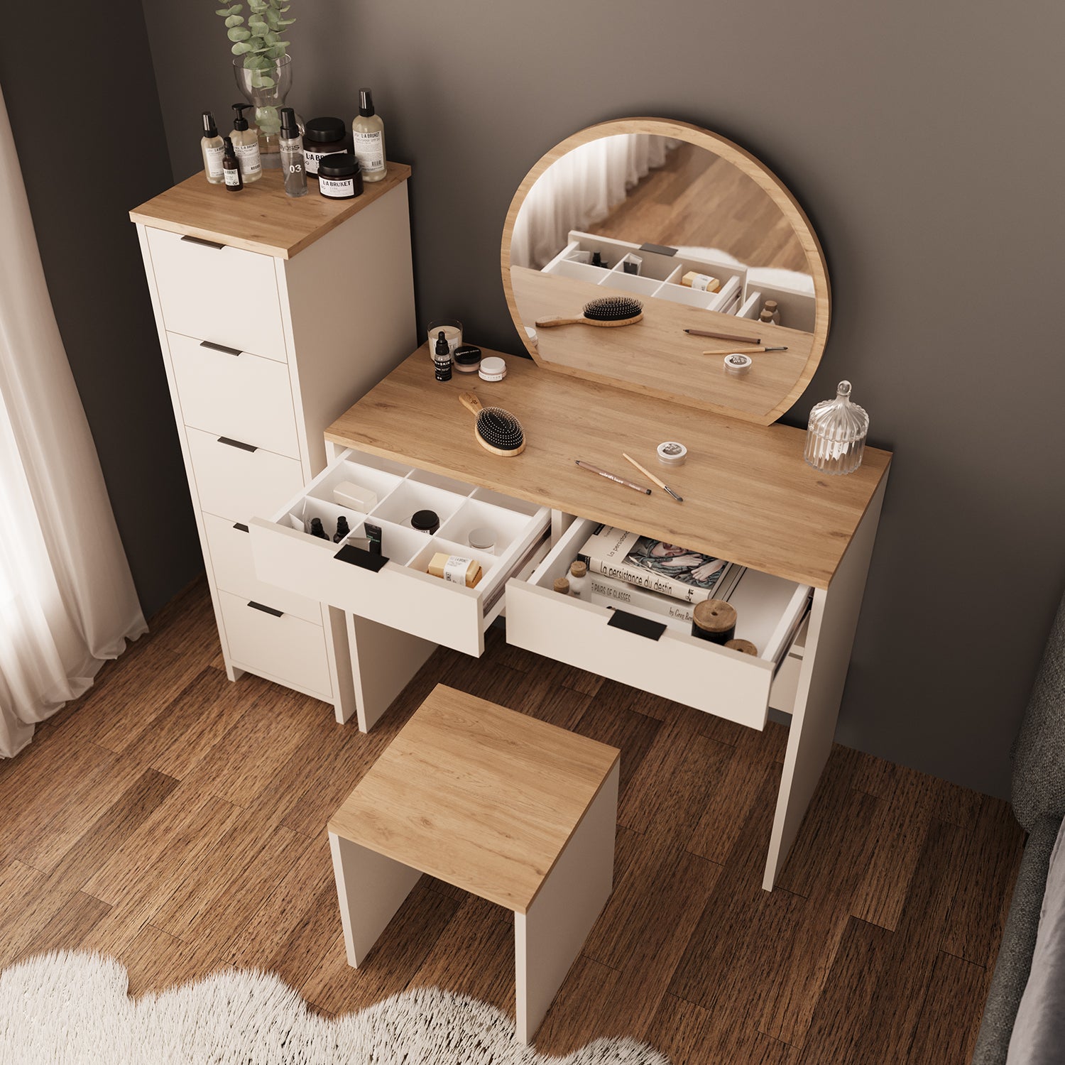 Bimossa U20 Flora Çekmeceli Dolaplı Tabureli Makyaj Masası