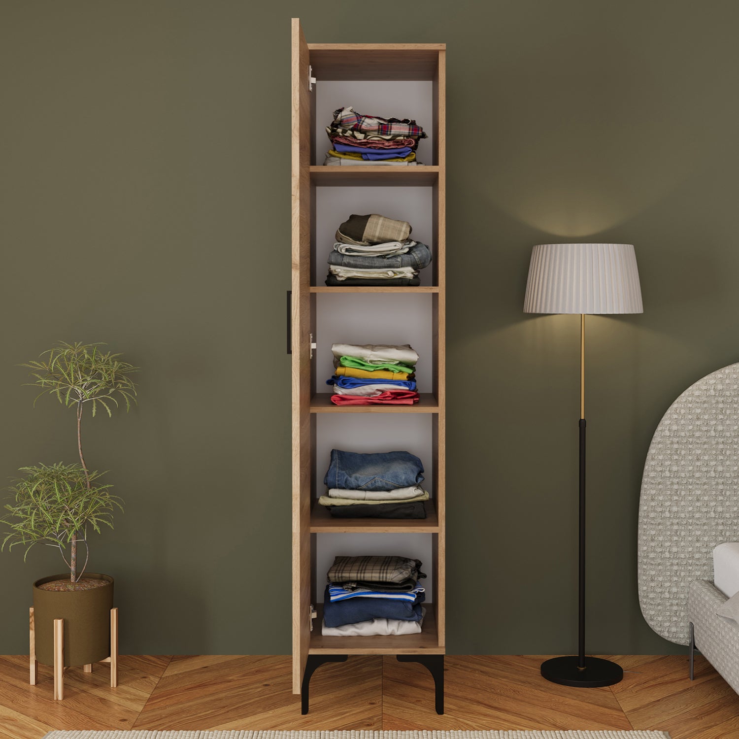 Bimossa K70 Loft 40 cm Tek Kapaklı Gardırop, 5 Raflı Elbise Dolabı, Aynasız Modern Metal Ayaklı Gardırop