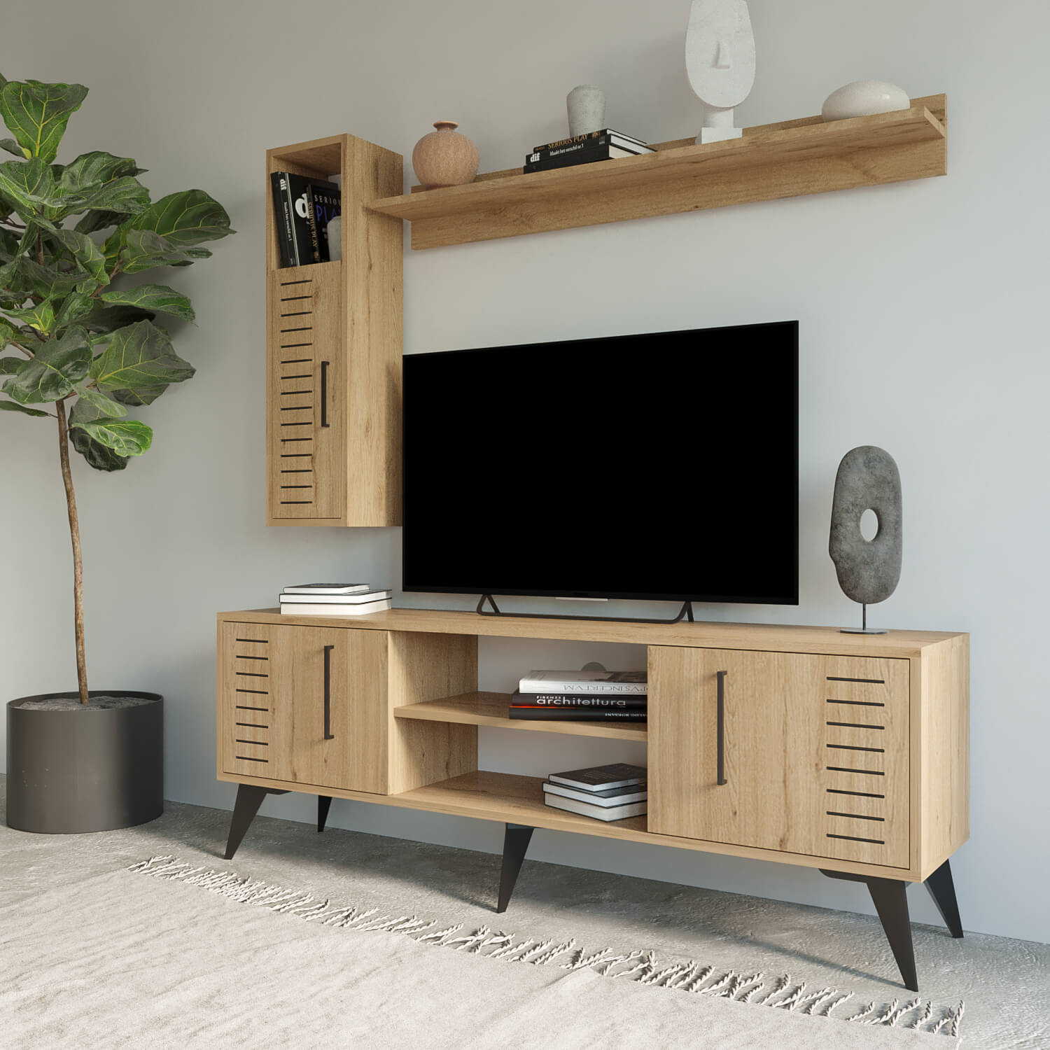 Bimossa G35 Karla 160cm TV Ünitesi Raflı Kapaklı ve Duvar Dolaplı Modern Salon Ünitesi