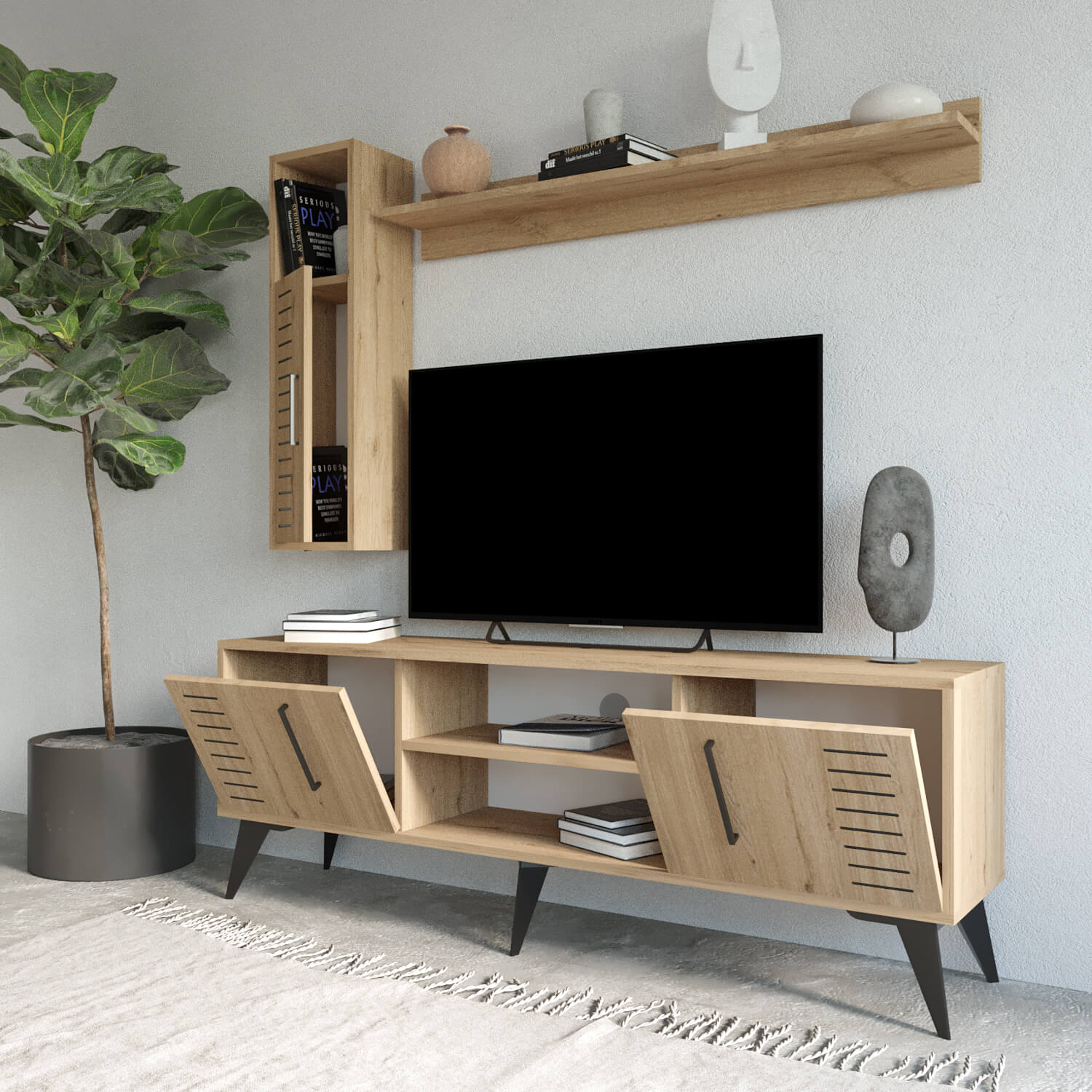 Bimossa G35 Karla 160cm TV Ünitesi Raflı Kapaklı ve Duvar Dolaplı Modern Salon Ünitesi