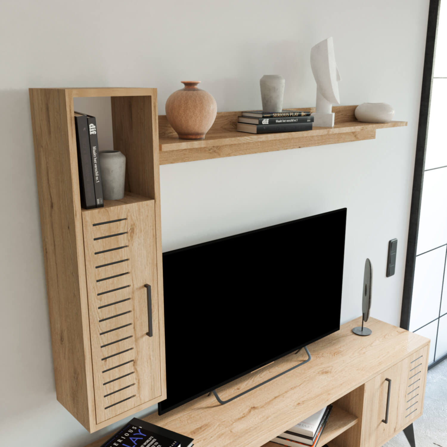Bimossa G35 Karla 160cm TV Ünitesi Raflı Kapaklı ve Duvar Dolaplı Modern Salon Ünitesi