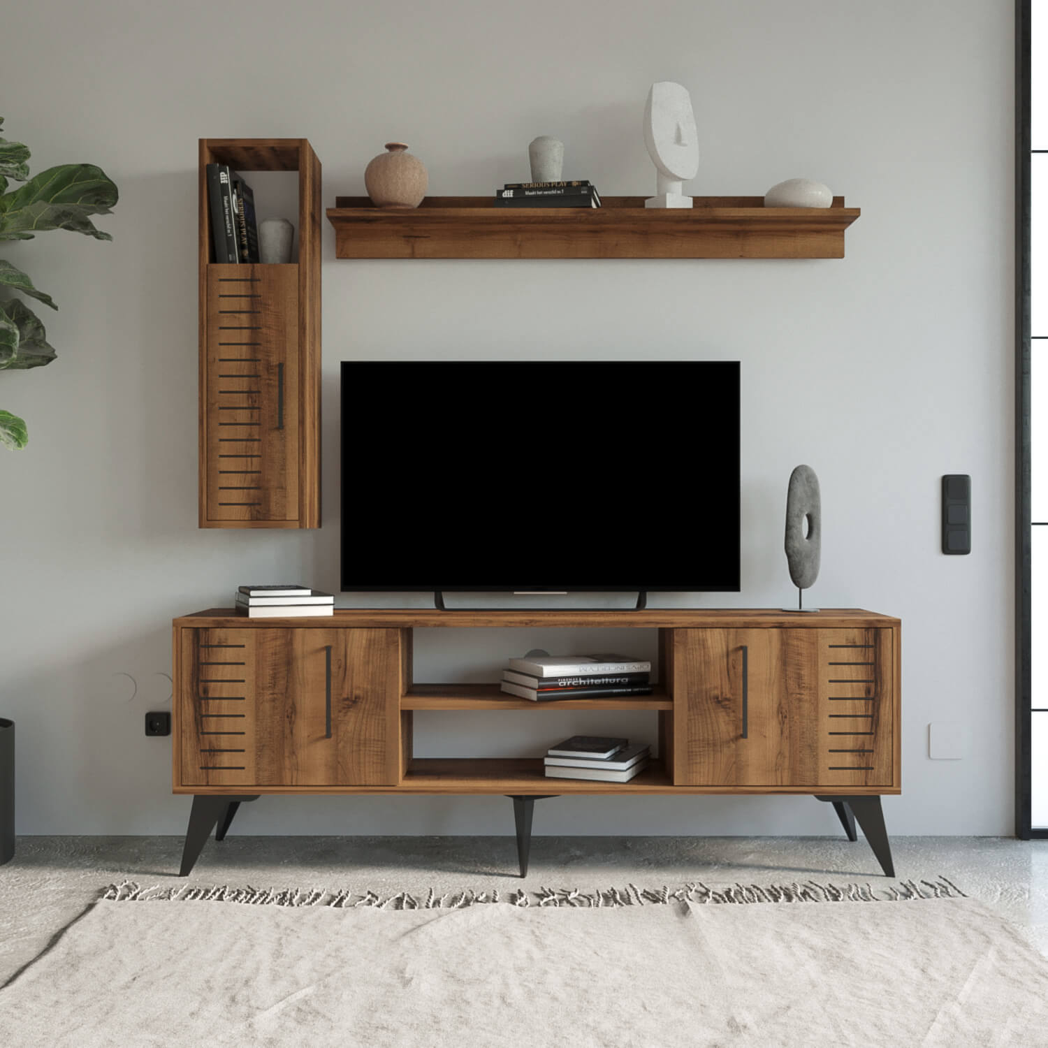 Bimossa G35 Karla 160cm TV Ünitesi Raflı Kapaklı ve Duvar Dolaplı Modern Salon Ünitesi
