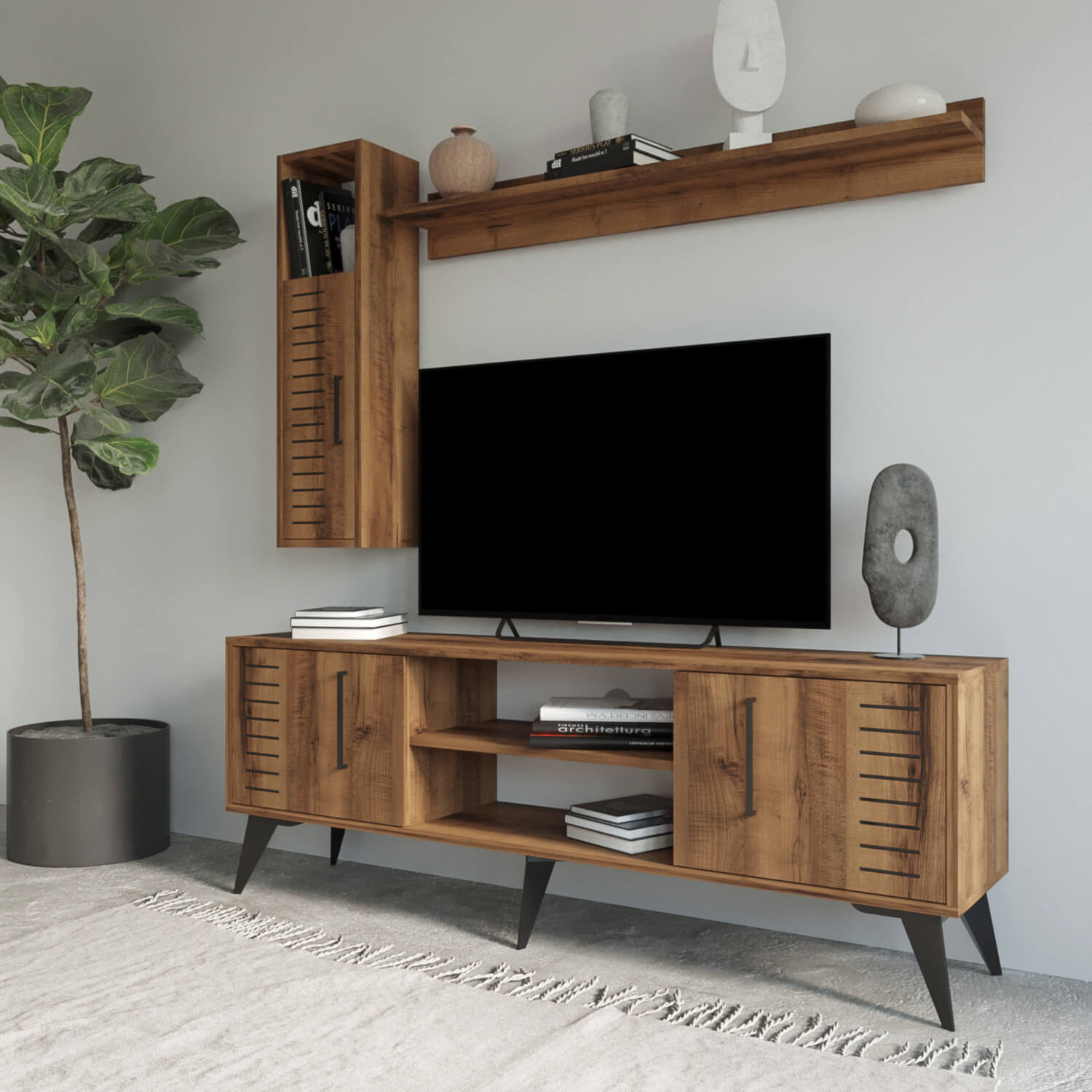 Bimossa G35 Karla 160cm TV Ünitesi Raflı Kapaklı ve Duvar Dolaplı Modern Salon Ünitesi