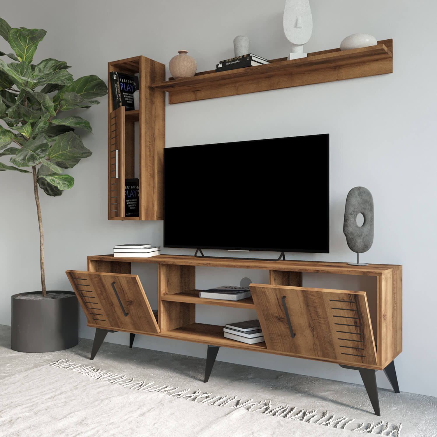 Bimossa G35 Karla 160cm TV Ünitesi Raflı Kapaklı ve Duvar Dolaplı Modern Salon Ünitesi