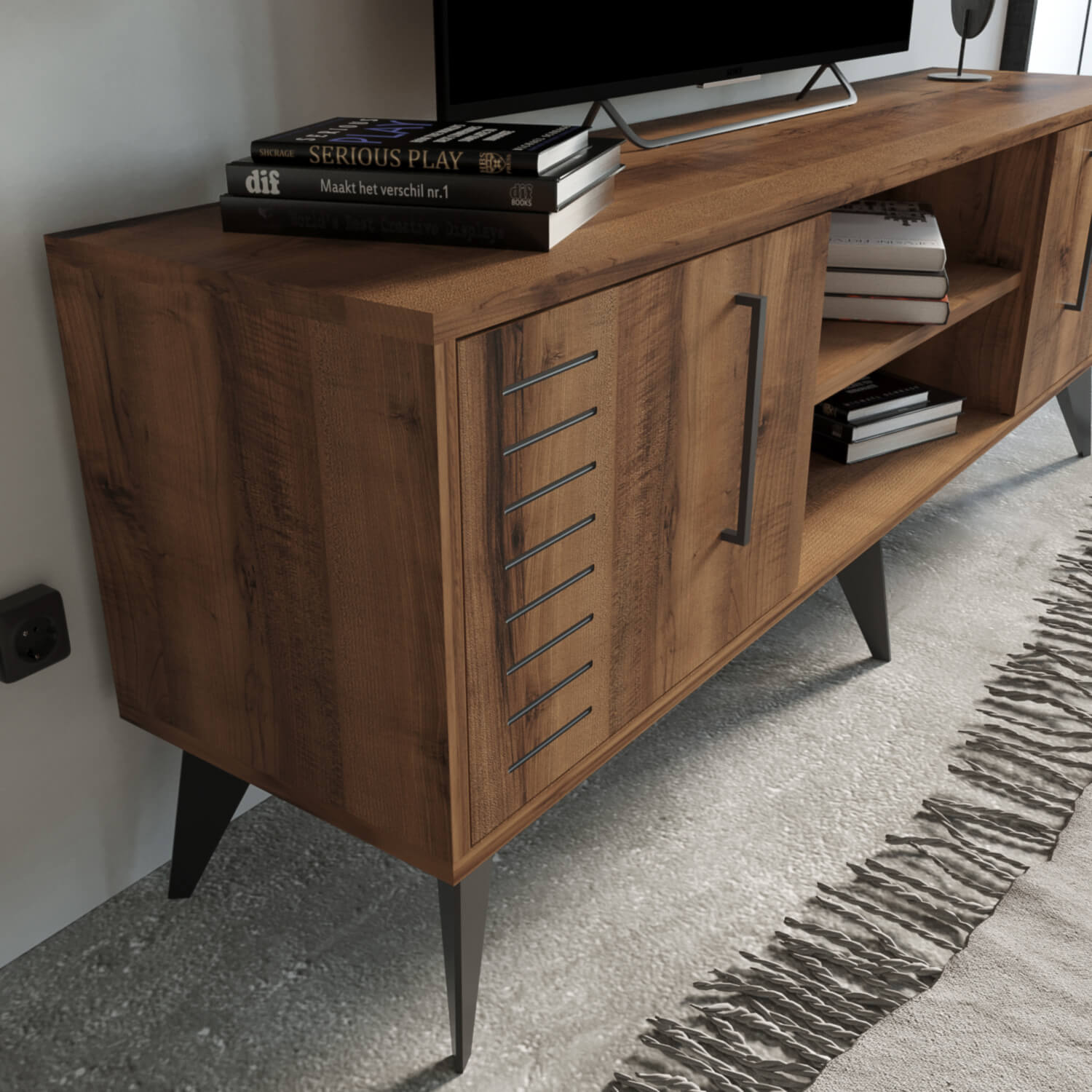 Bimossa G35 Karla 160cm TV Ünitesi Raflı Kapaklı ve Duvar Dolaplı Modern Salon Ünitesi