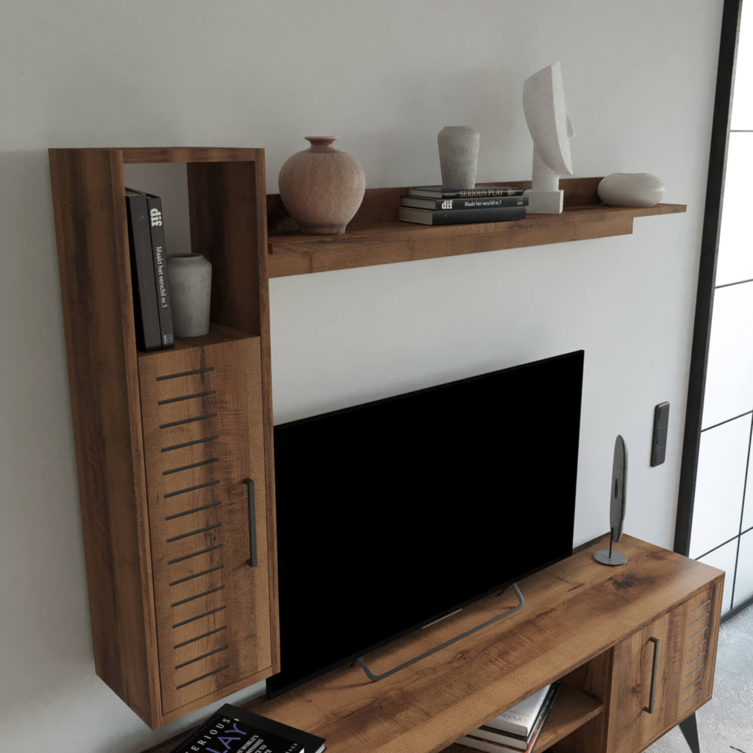 Bimossa G35 Karla 160cm TV Ünitesi Raflı Kapaklı ve Duvar Dolaplı Modern Salon Ünitesi