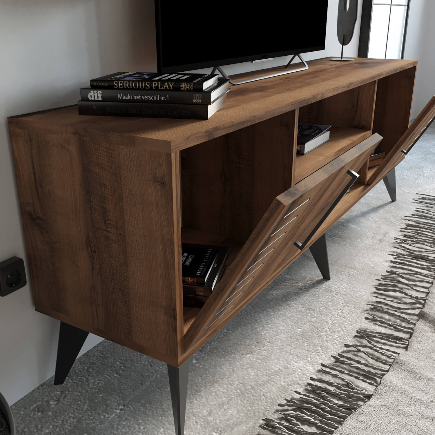 Bimossa G35 Karla 160cm TV Ünitesi Raflı Kapaklı ve Duvar Dolaplı Modern Salon Ünitesi