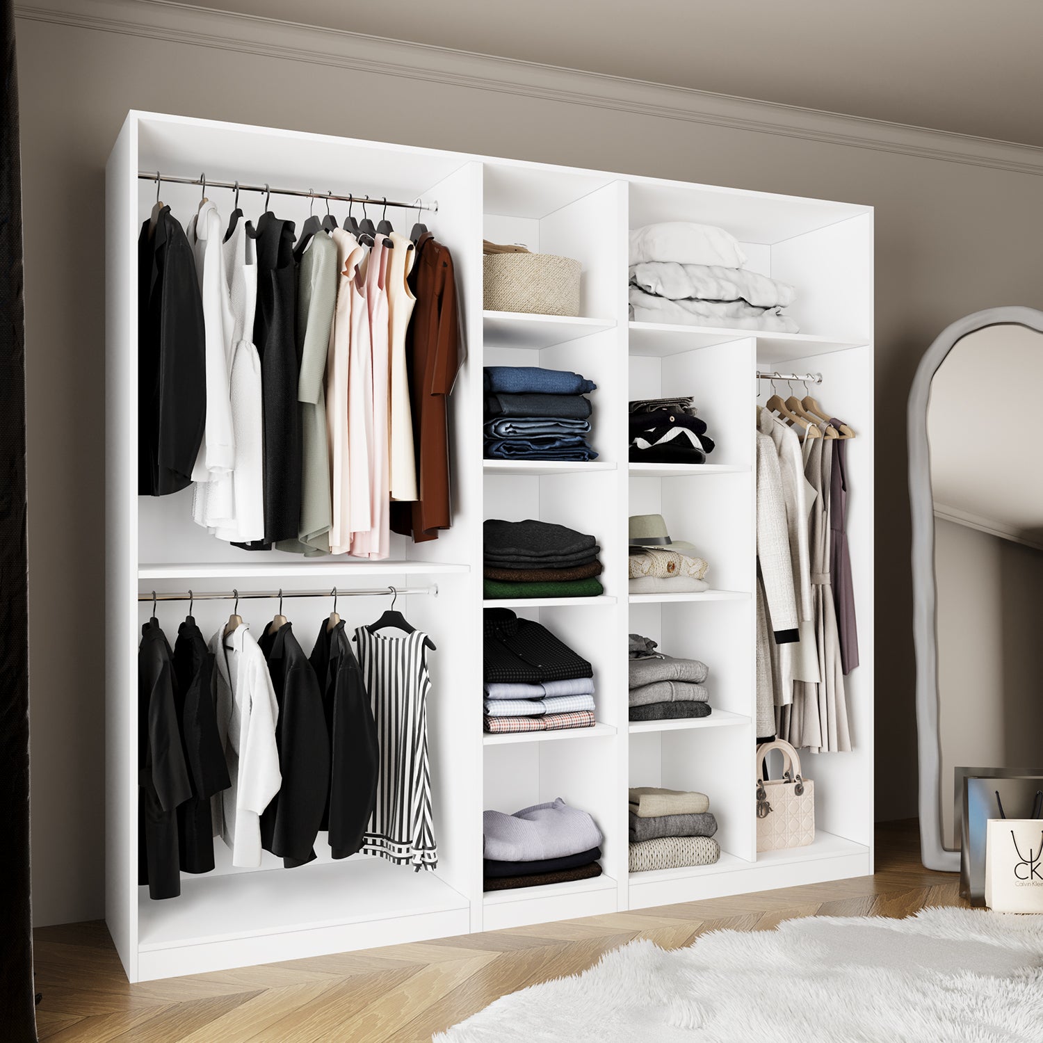 Bimossa KD70 Goss 225 cm Üçlü Dar, 3 Bölmeli Açık Gardırop, 3 Askı Alanlı, 9 Raflı ve 1 Büyük Raflı Beyaz Giyinme Dolabı
